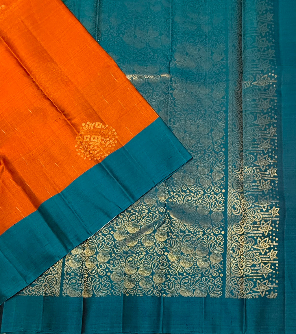 VSCB691 - rust orange color body , peacock blue color pallu , blouse - Pure silk saree