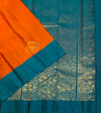VSCB691 - rust orange color body , peacock blue color pallu , blouse - Pure silk saree
