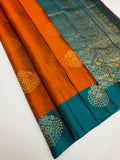 VSCB691 - rust orange color body , peacock blue color pallu , blouse - Pure silk saree