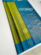 VSCB693 - dual green color body , royal blue color pallu , blouse - Pure silk saree