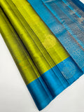 VSCB693 - dual green color body , royal blue color pallu , blouse - Pure silk saree