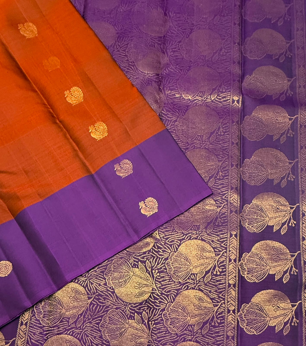 VSCB694 - rust color body , violet color pallu , blouse - Pure silk saree