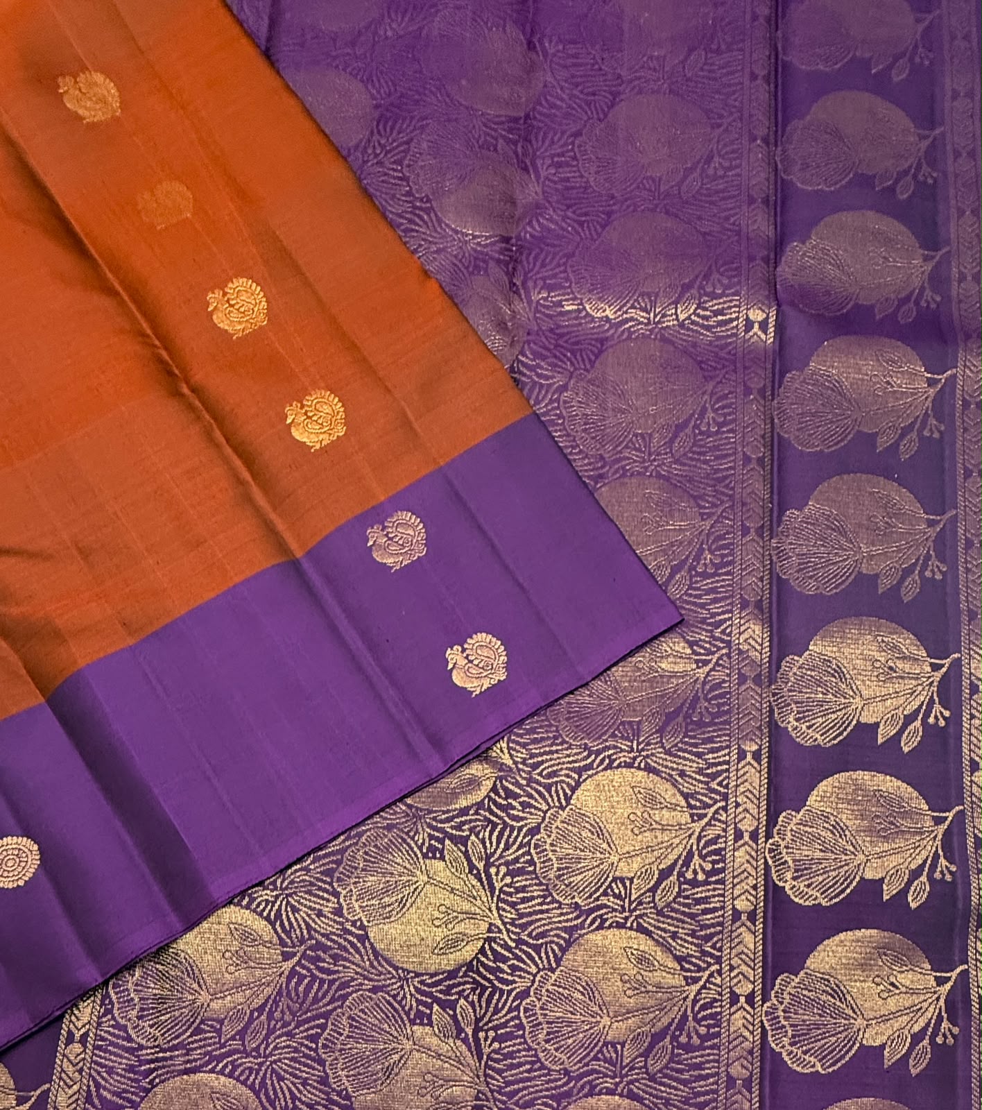 VSCB694 - rust color body , violet color pallu , blouse - Pure silk saree