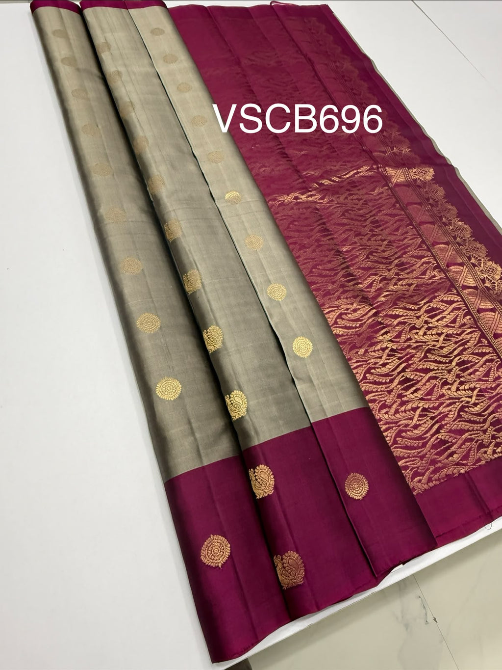 VSCB696 - grey color body , purple color pallu , blouse - Pure silk saree