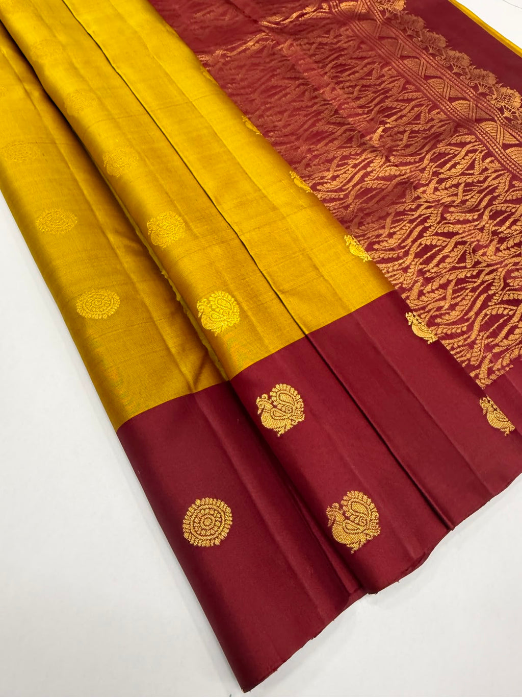 VSCB698 - mustard with maroon color body , maroon color pallu , blouse - Pure silk saree