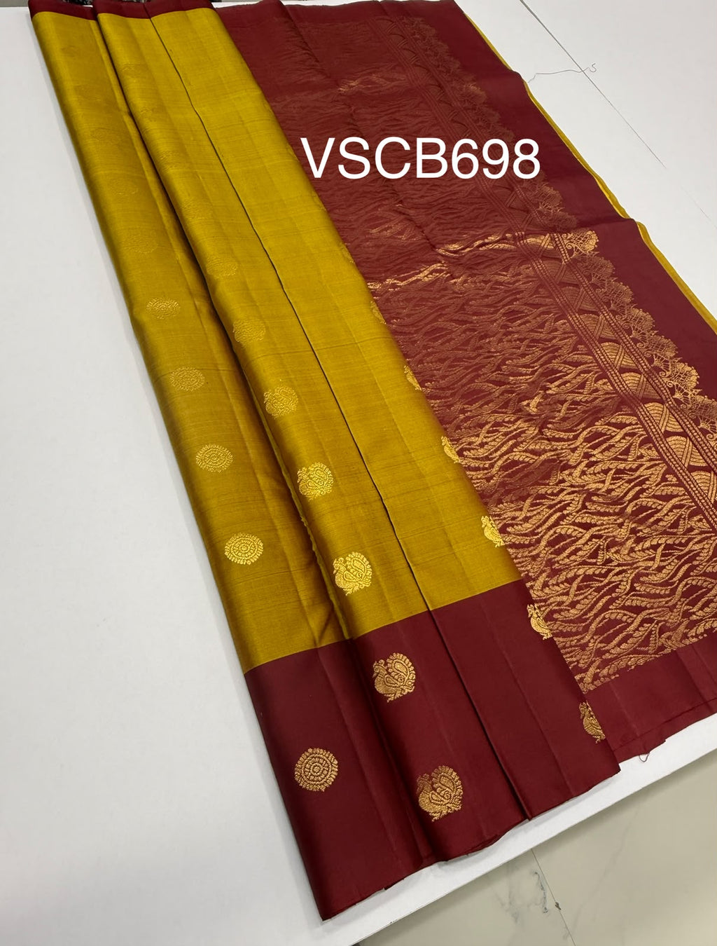 VSCB698 - mustard with maroon color body , maroon color pallu , blouse - Pure silk saree