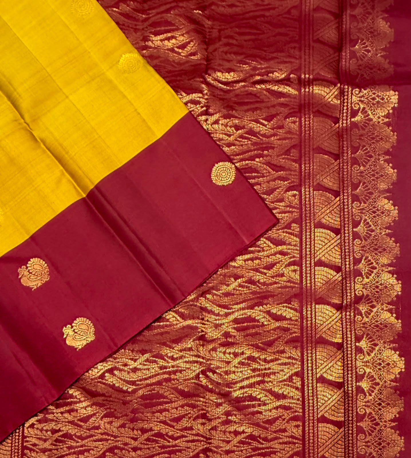 VSCB698 - mustard with maroon color body , maroon color pallu , blouse - Pure silk saree