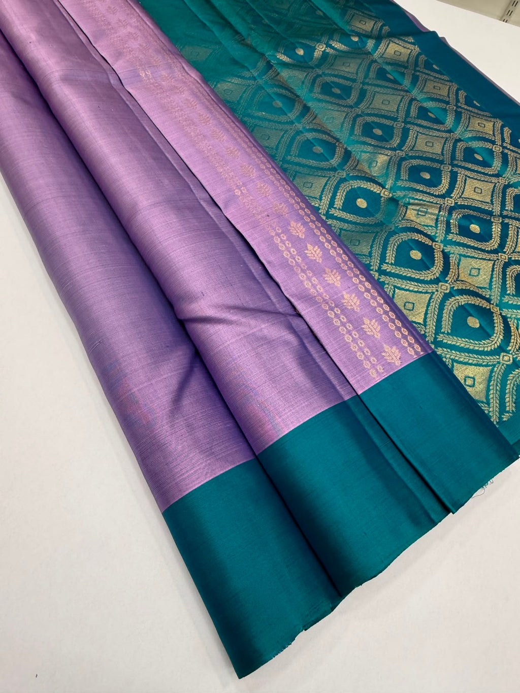 VSCB702 - lavender color body , peacock blue color pallu , blouse - Pure silk saree