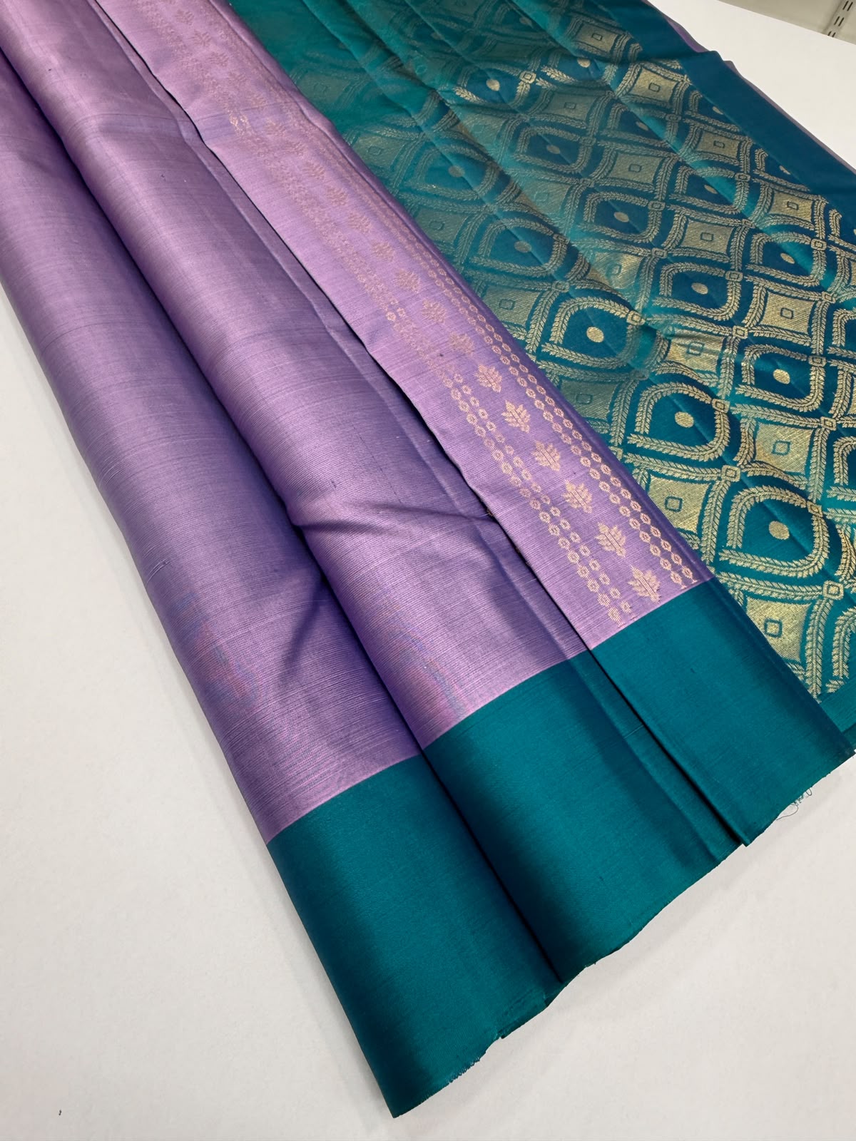 VSCB702 - lavender color body , peacock blue color pallu , blouse - Pure silk saree