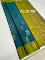 VSCB708 - peacock blue color body , green color pallu , blouse - Pure silk saree