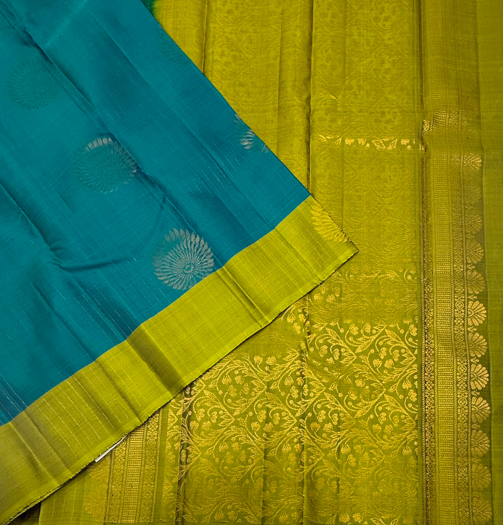 VSCB708 - peacock blue color body , green color pallu , blouse - Pure silk saree