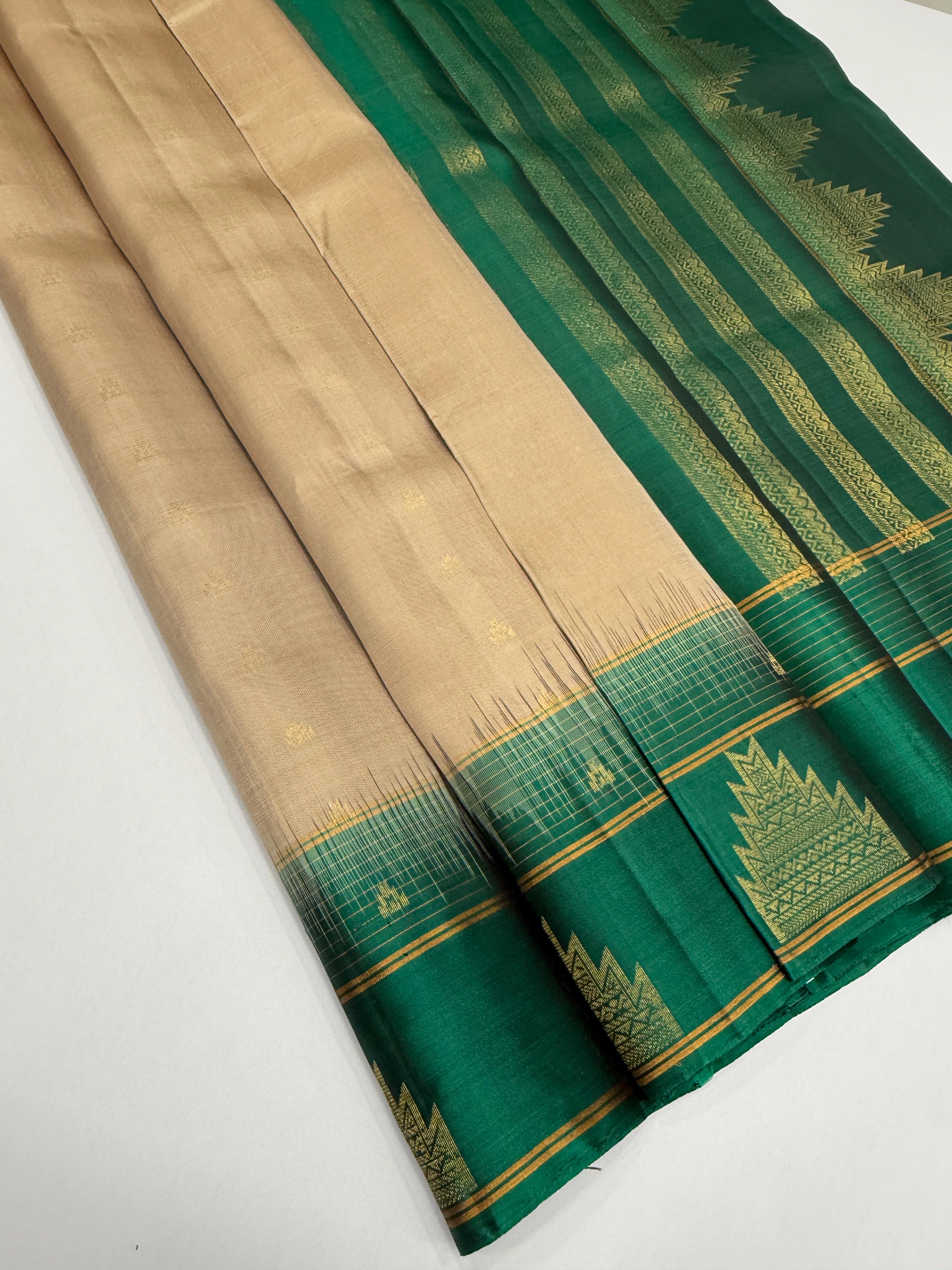 VSF1147 - cream color body , green color pallu,blouse - Pure silk saree