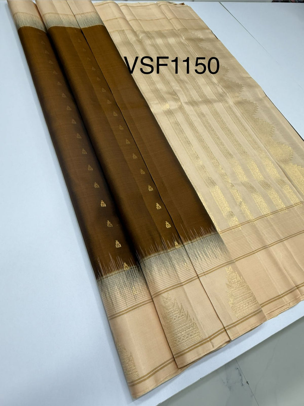 VSF1150 - cowdung green color body , light peach color pallu,blouse - Pure silk saree
