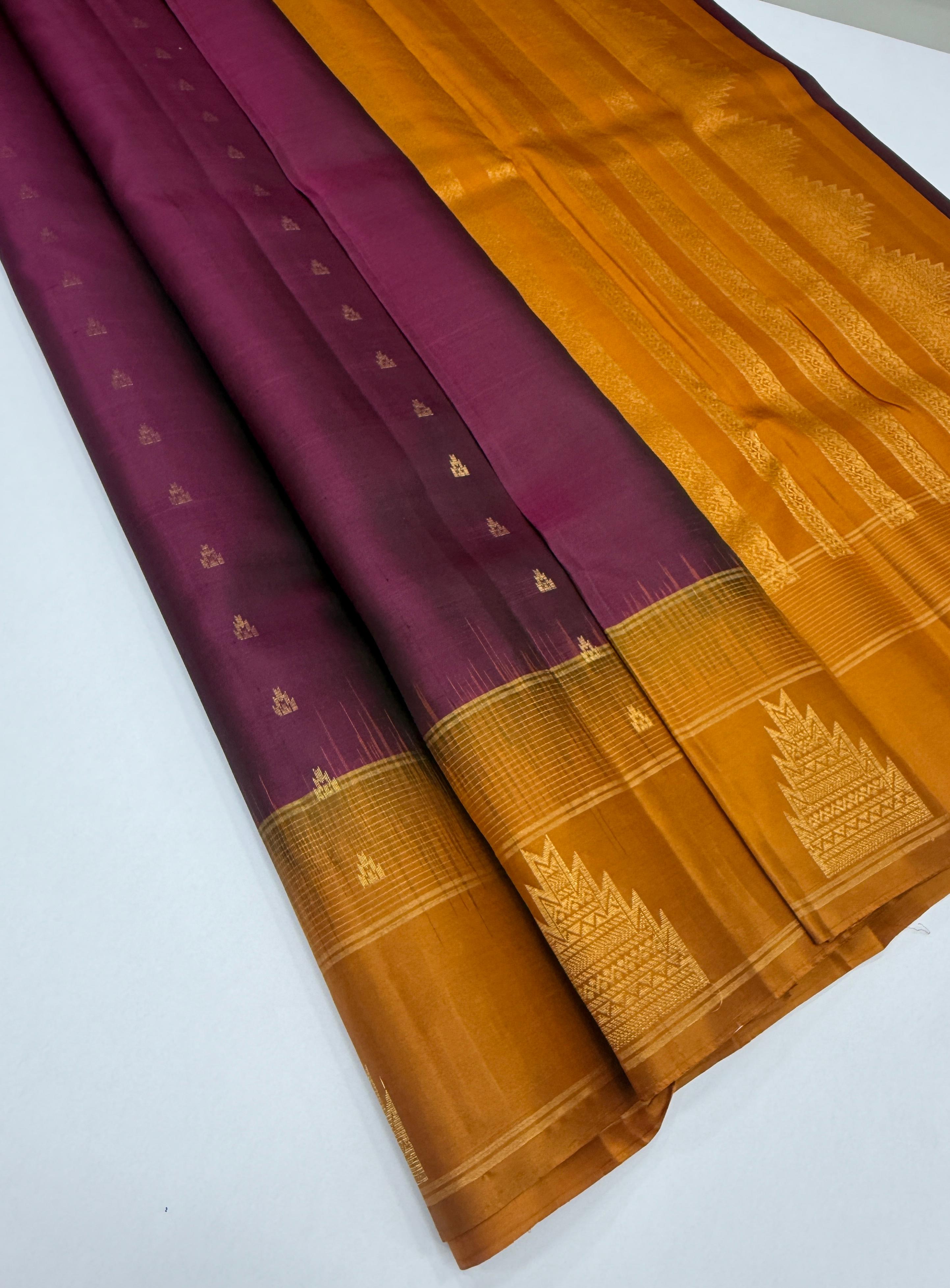 VSF1152 - purple color body , mustard color pallu,blouse - Pure silk saree