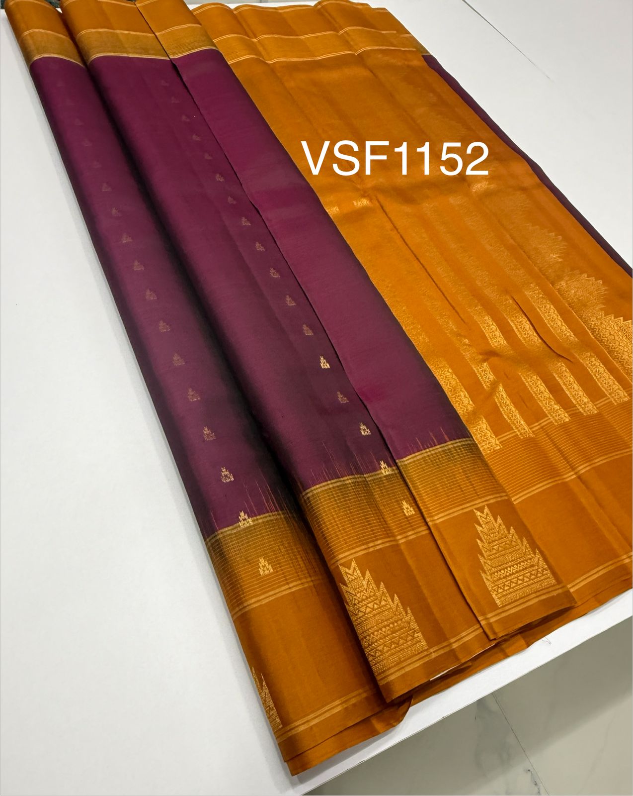 VSF1152 - purple color body , mustard color pallu,blouse - Pure silk saree