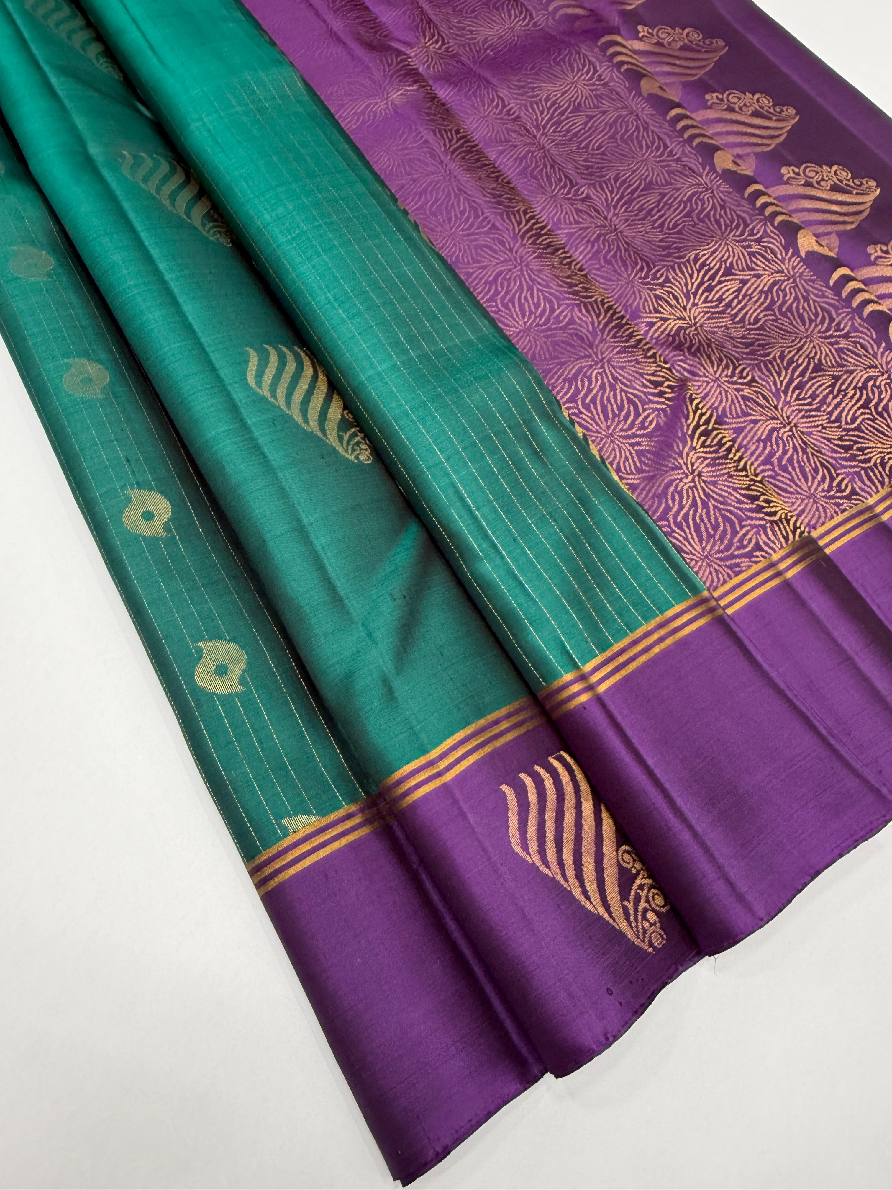 VSF1153 - peacock green color body , violet color pallu,blouse - Pure silk saree