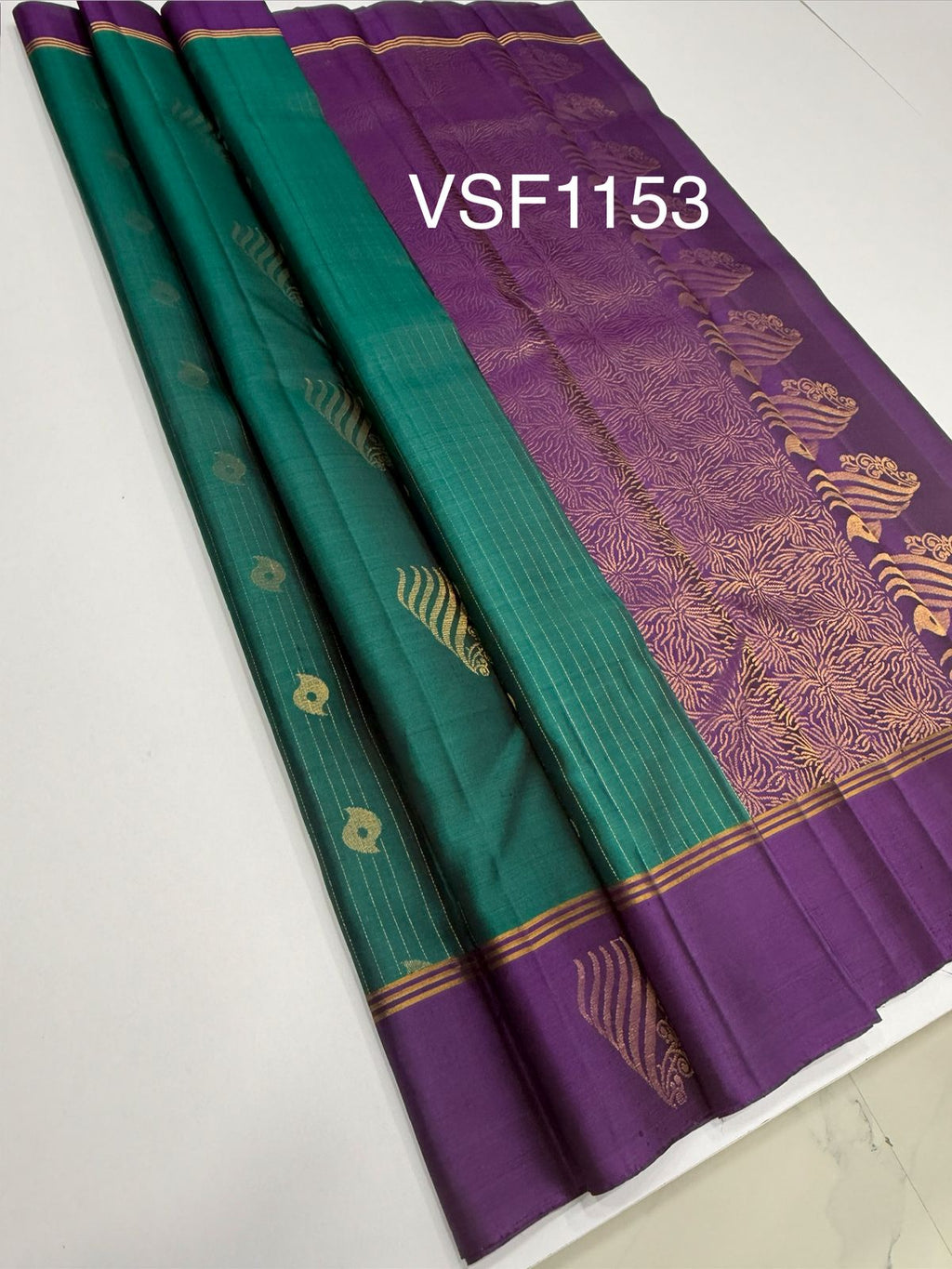 VSF1153 - peacock green color body , violet color pallu,blouse - Pure silk saree