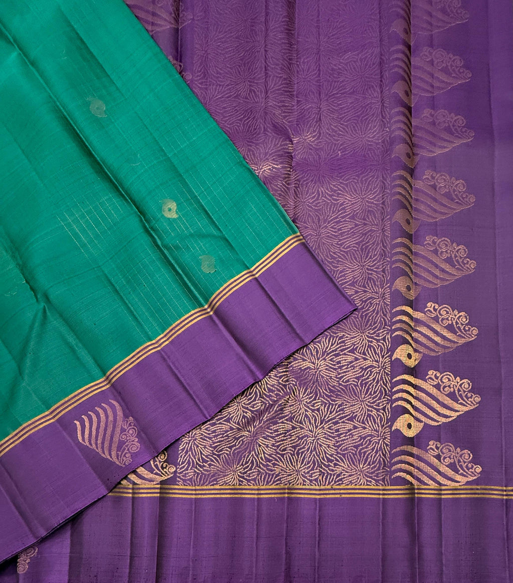 VSF1153 - peacock green color body , violet color pallu,blouse - Pure silk saree