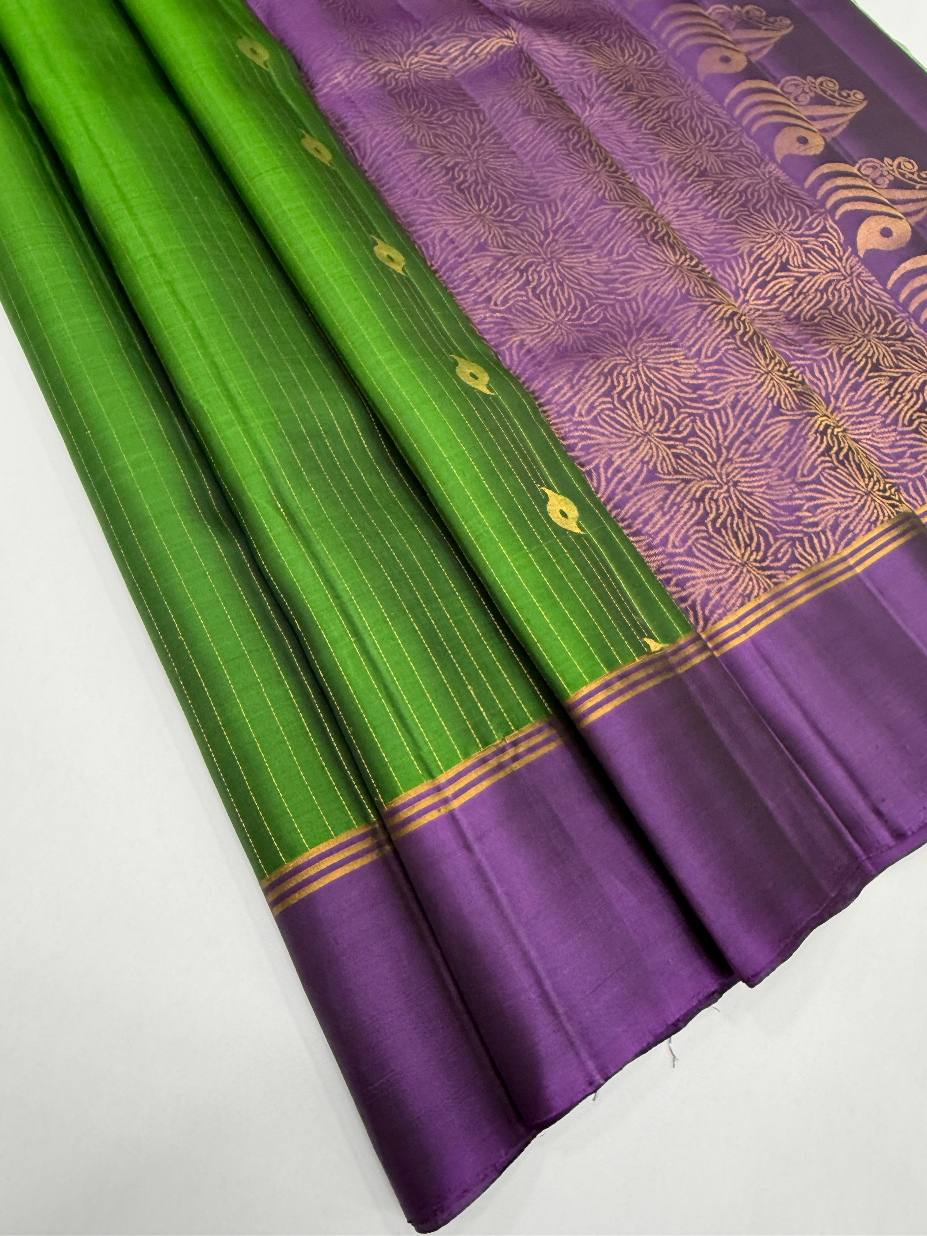 VSF1154 - green color body , violet color pallu,blouse - Pure silk saree