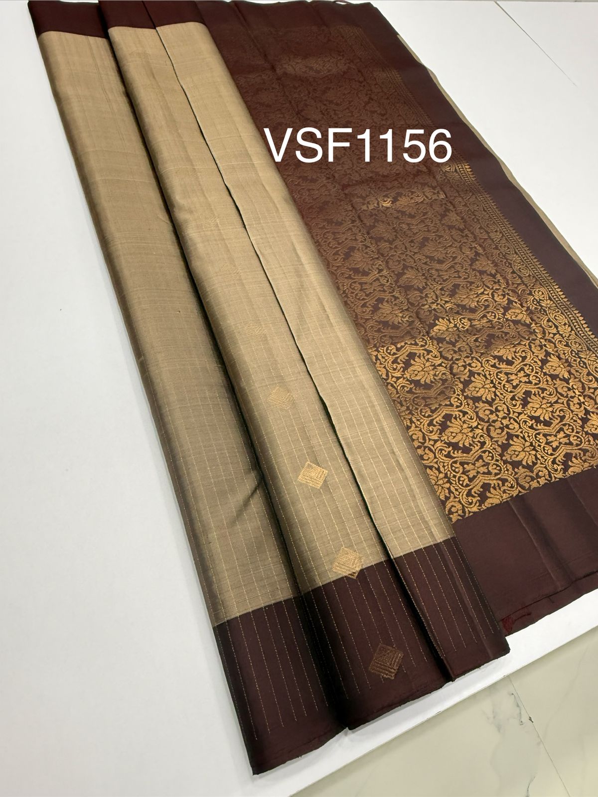 VSF1156 - beige wiht black color body , coffee brown color pallu,blouse - Pure silk saree
