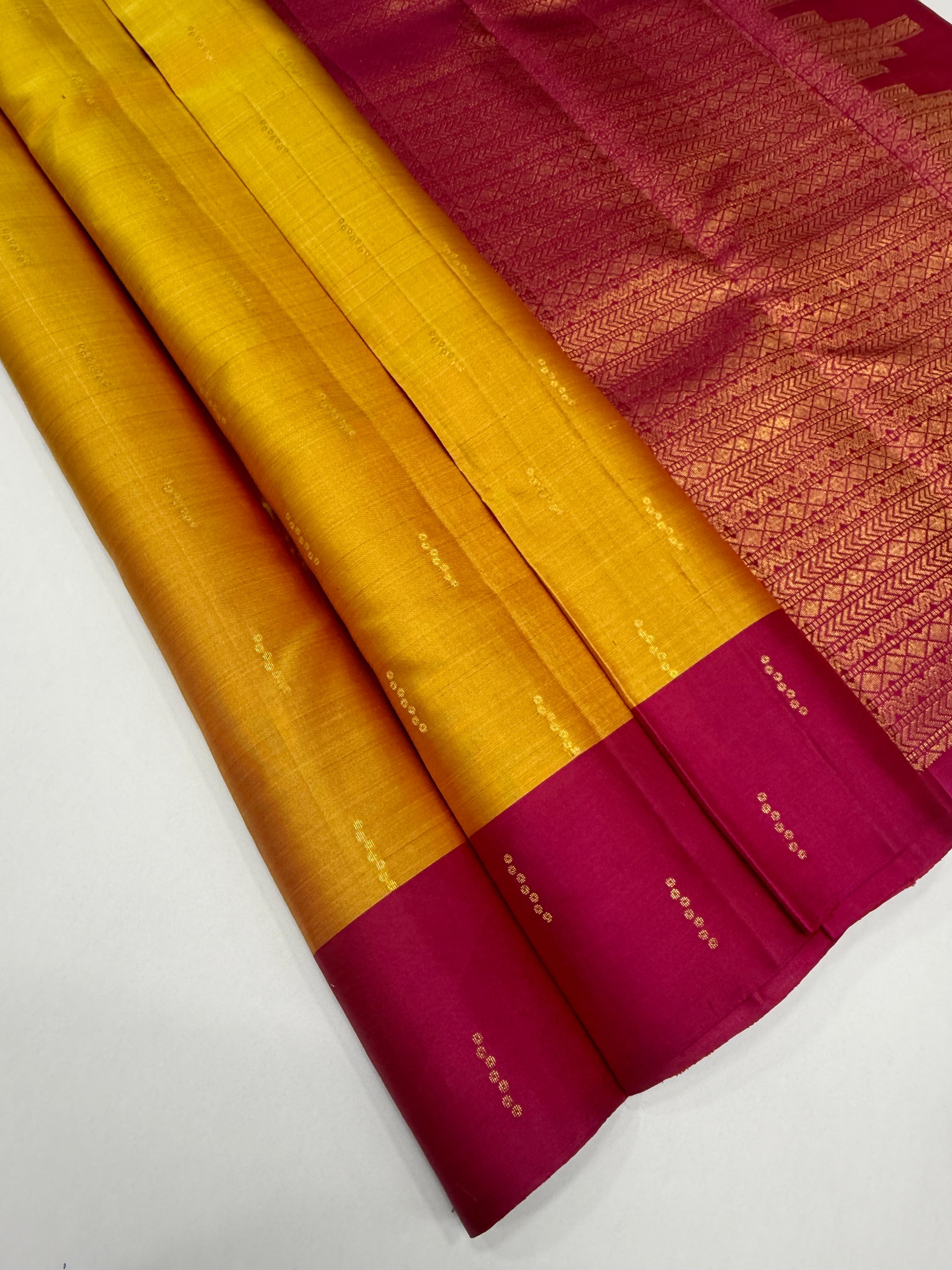 VSF1158 - yellow with pink color body , rani pink color pallu,blouse - Pure silk saree