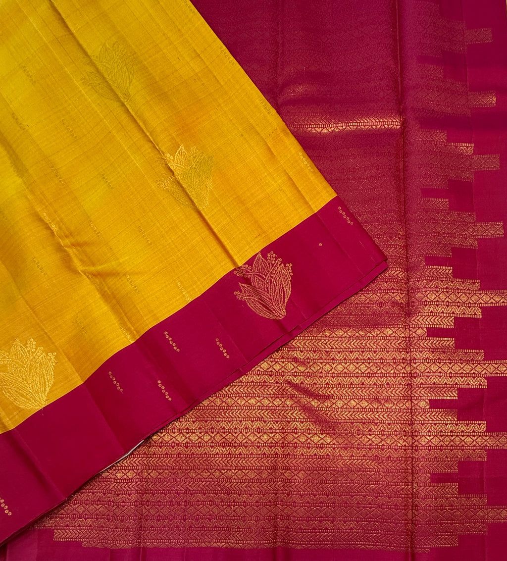 VSF1158 - yellow with pink color body , rani pink color pallu,blouse - Pure silk saree