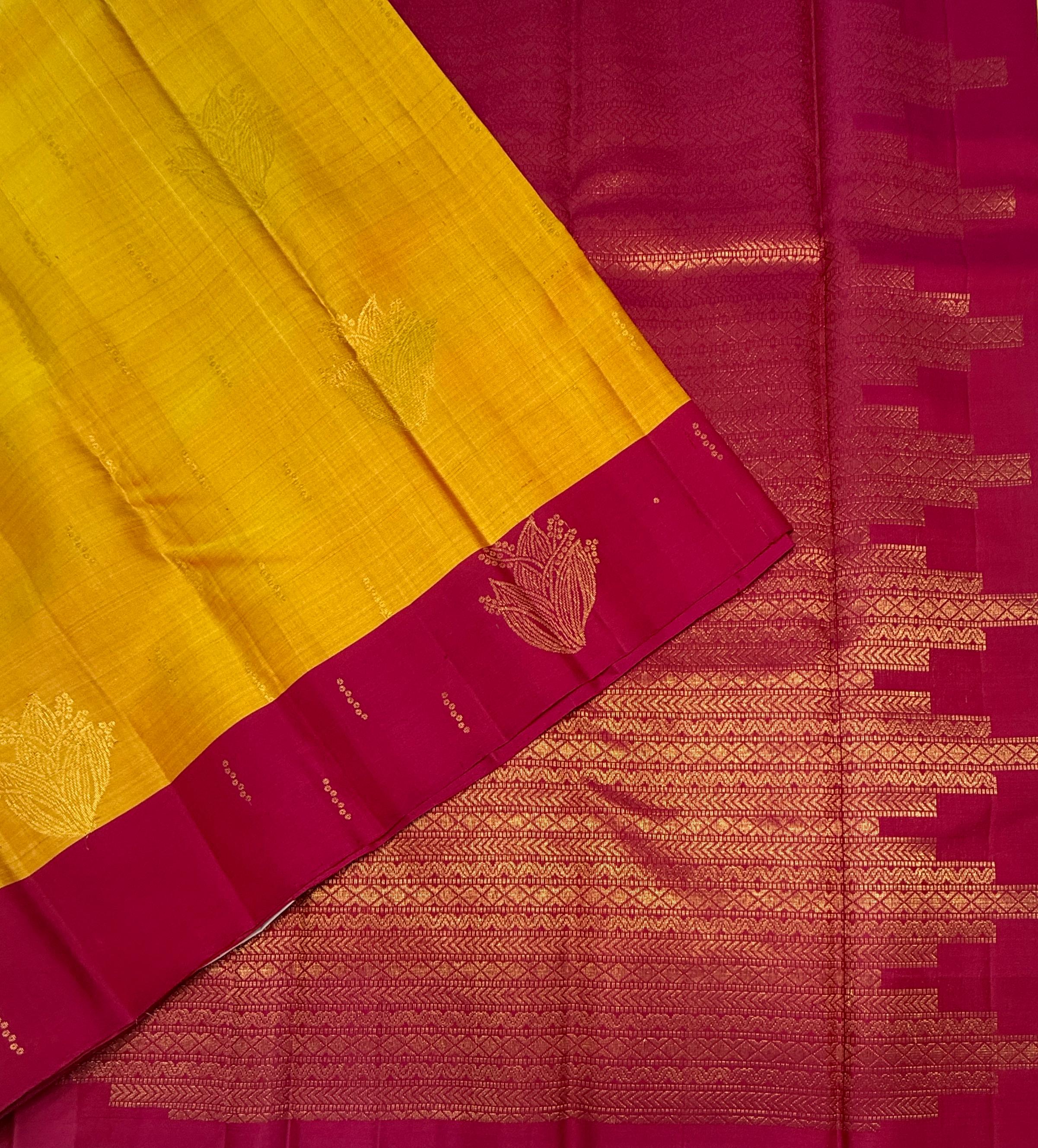 VSF1158 - yellow with pink color body , rani pink color pallu,blouse - Pure silk saree