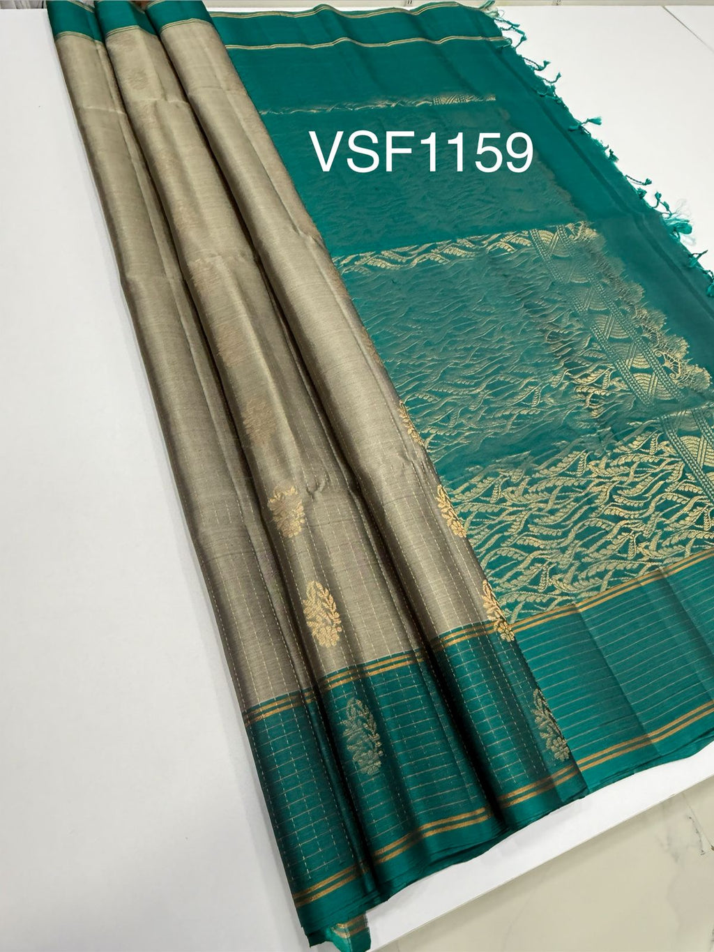 VSF1159 - grey color body , peacock blue color pallu,blouse - Pure silk saree