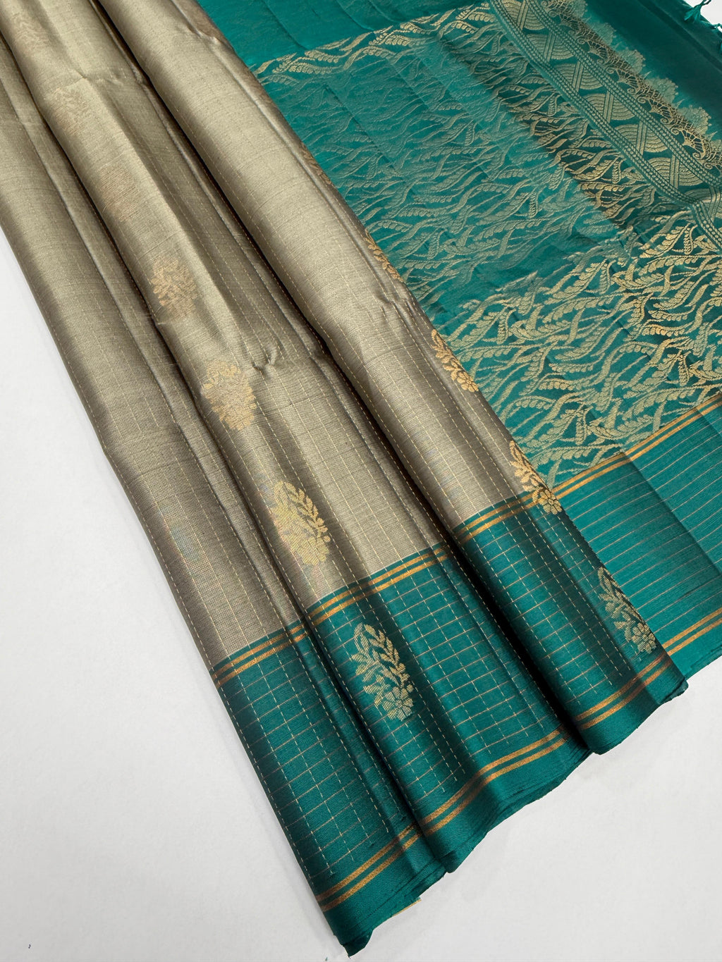 VSF1159 - grey color body , peacock blue color pallu,blouse - Pure silk saree