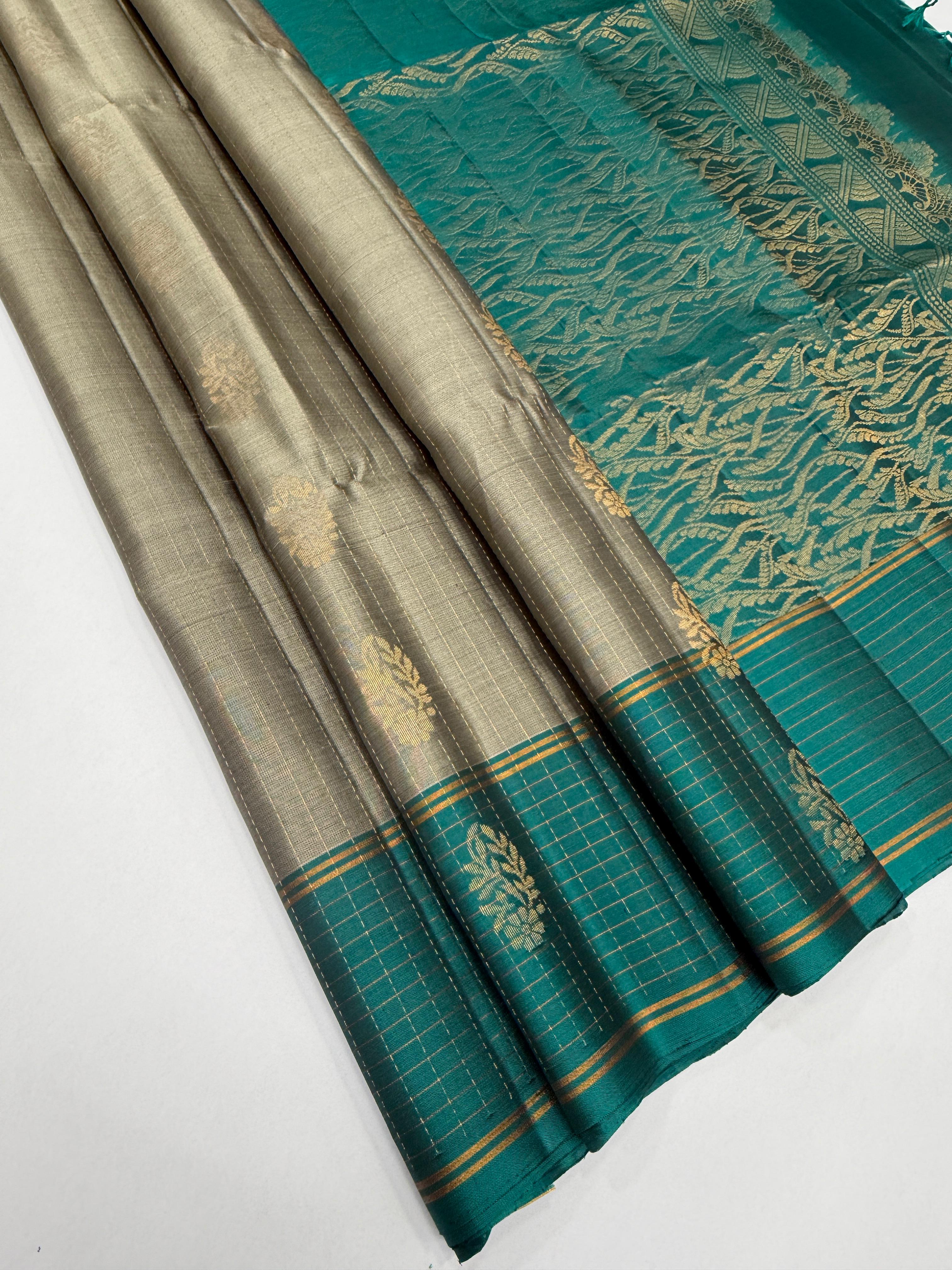 VSF1159 - grey color body , peacock blue color pallu,blouse - Pure silk saree