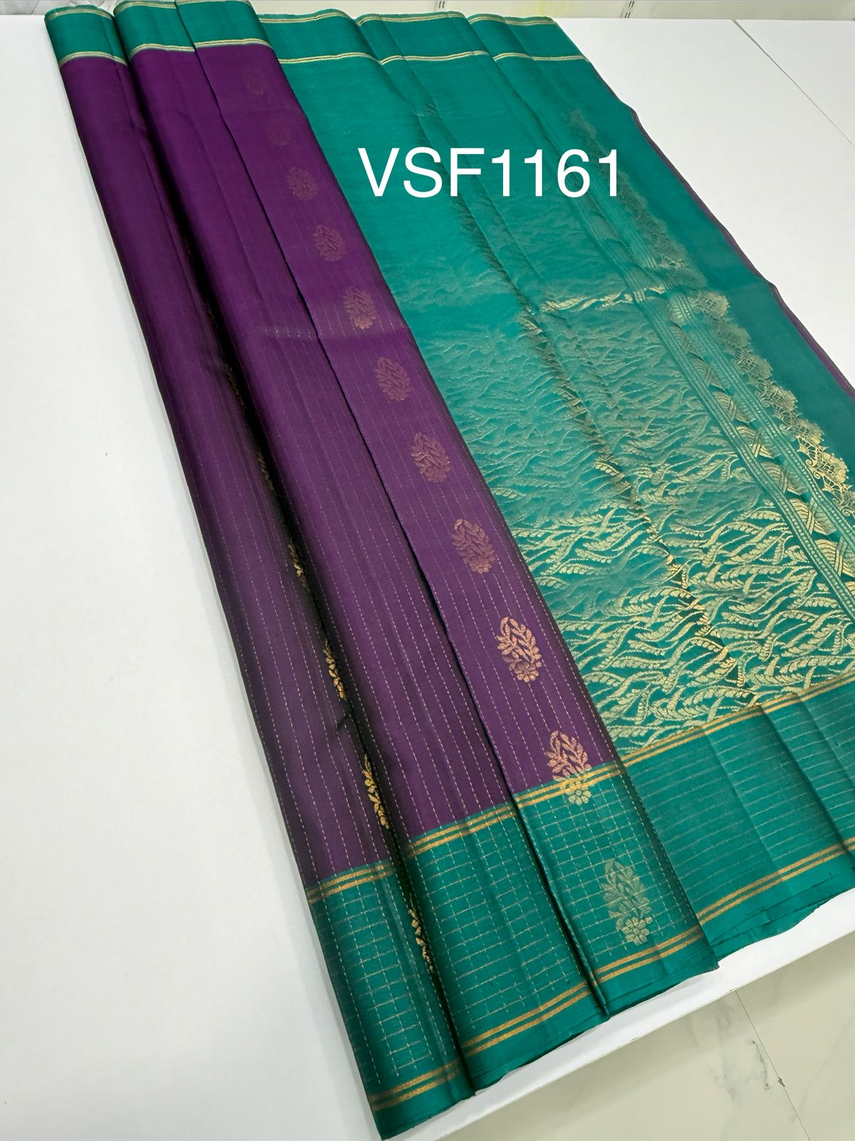VSF1161 - dark purple color body , peacock blue color pallu,blouse - Pure silk saree