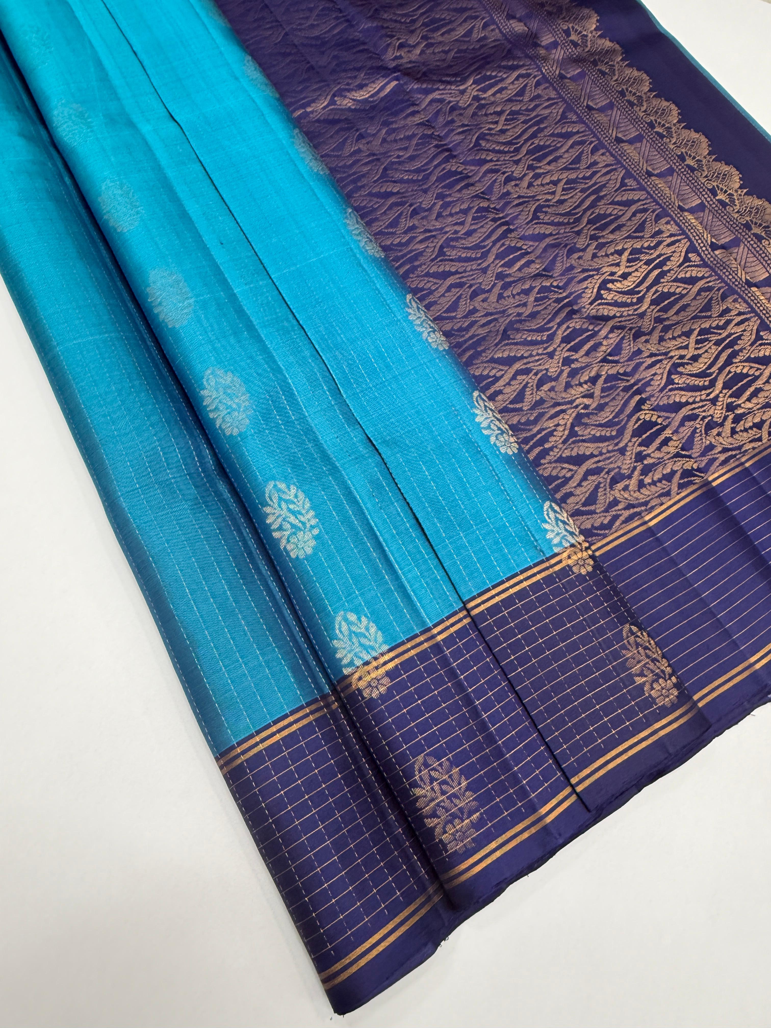 VSF1162 - blue color body , navy blue color pallu,blouse - Pure silk saree