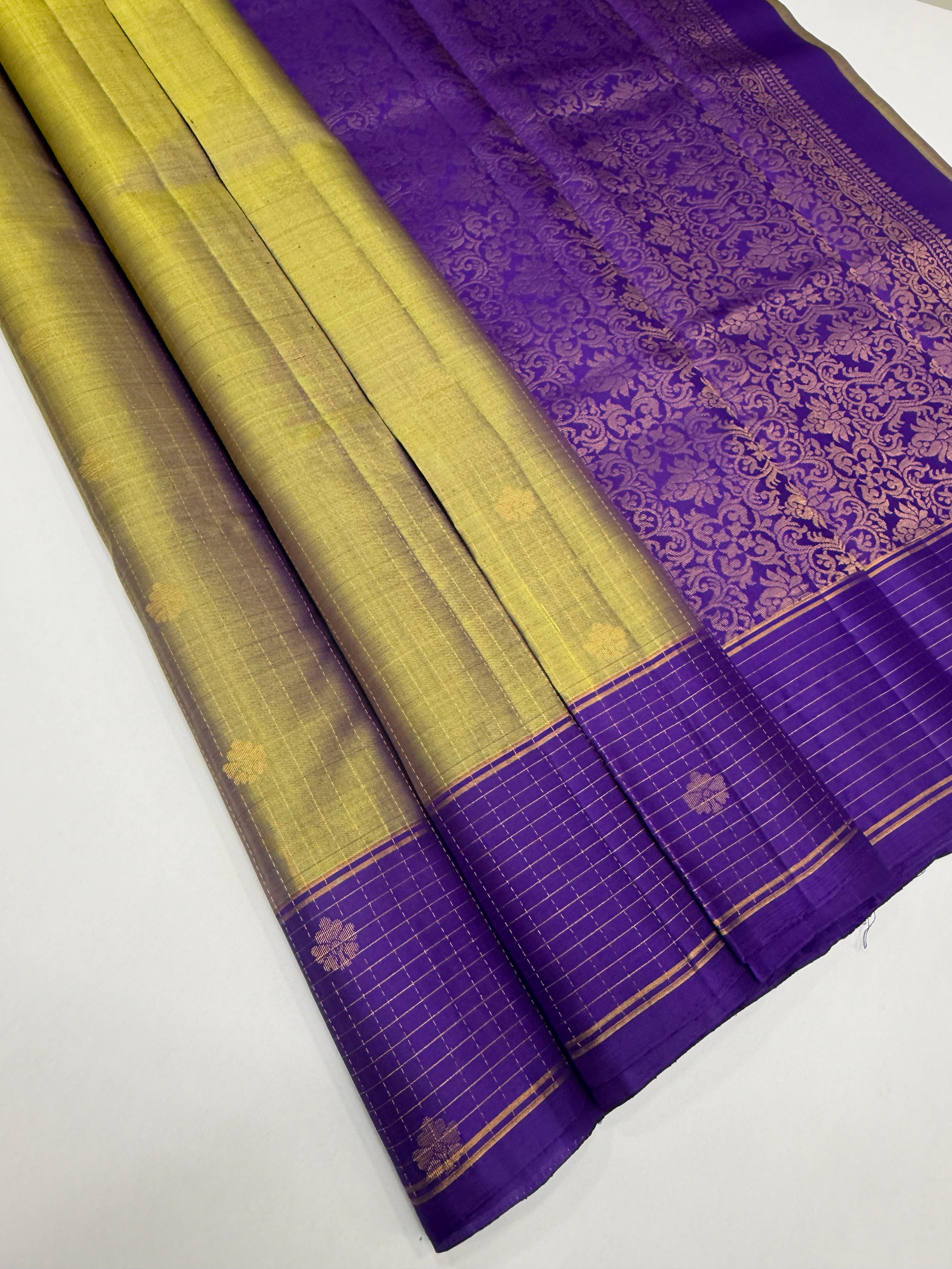 VSF1164 - yellow with violet color body , violet color pallu,blouse - Pure silk saree