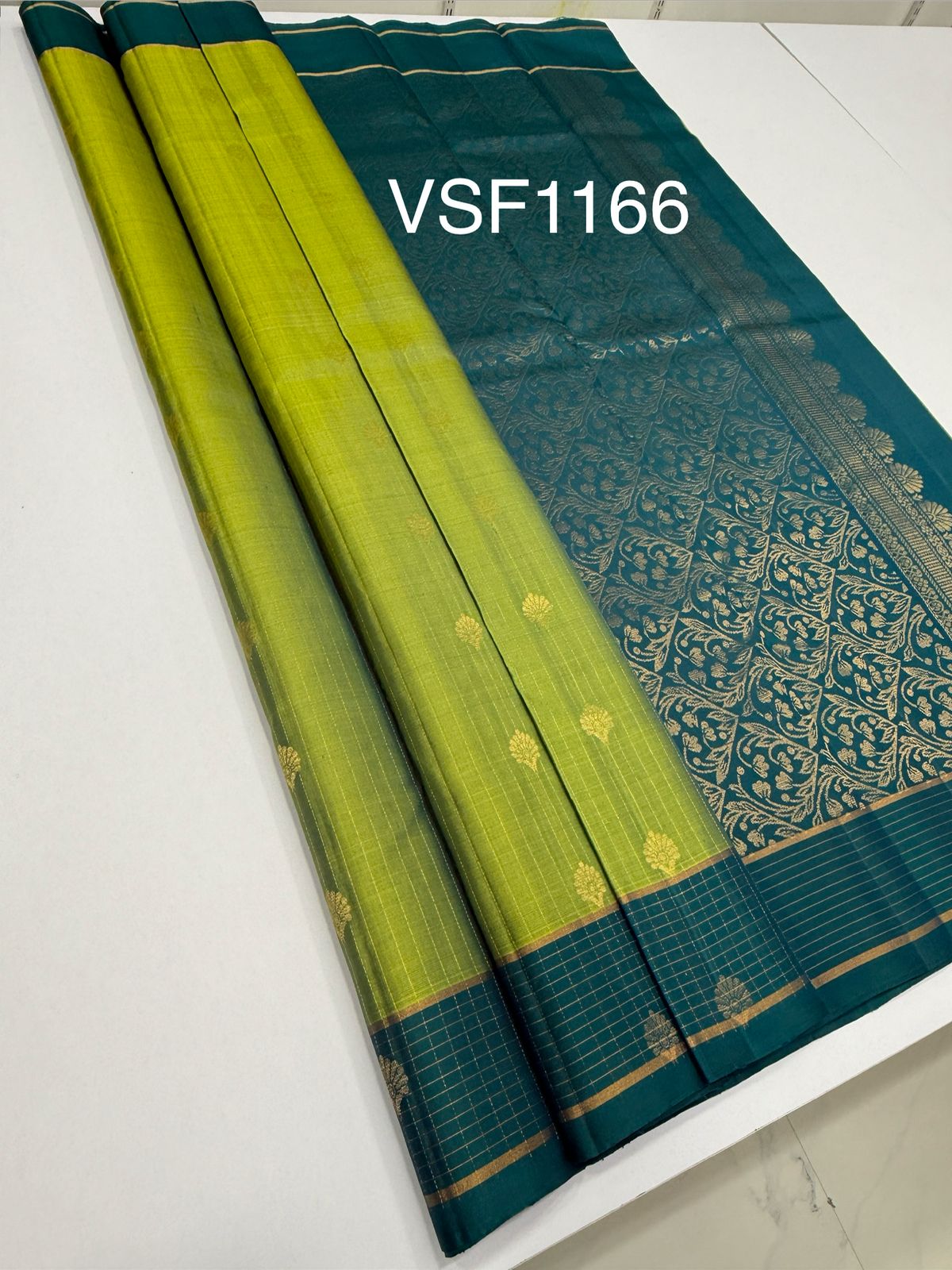 VSF1166 - green color body , peacock blue color pallu,blouse - Pure silk saree