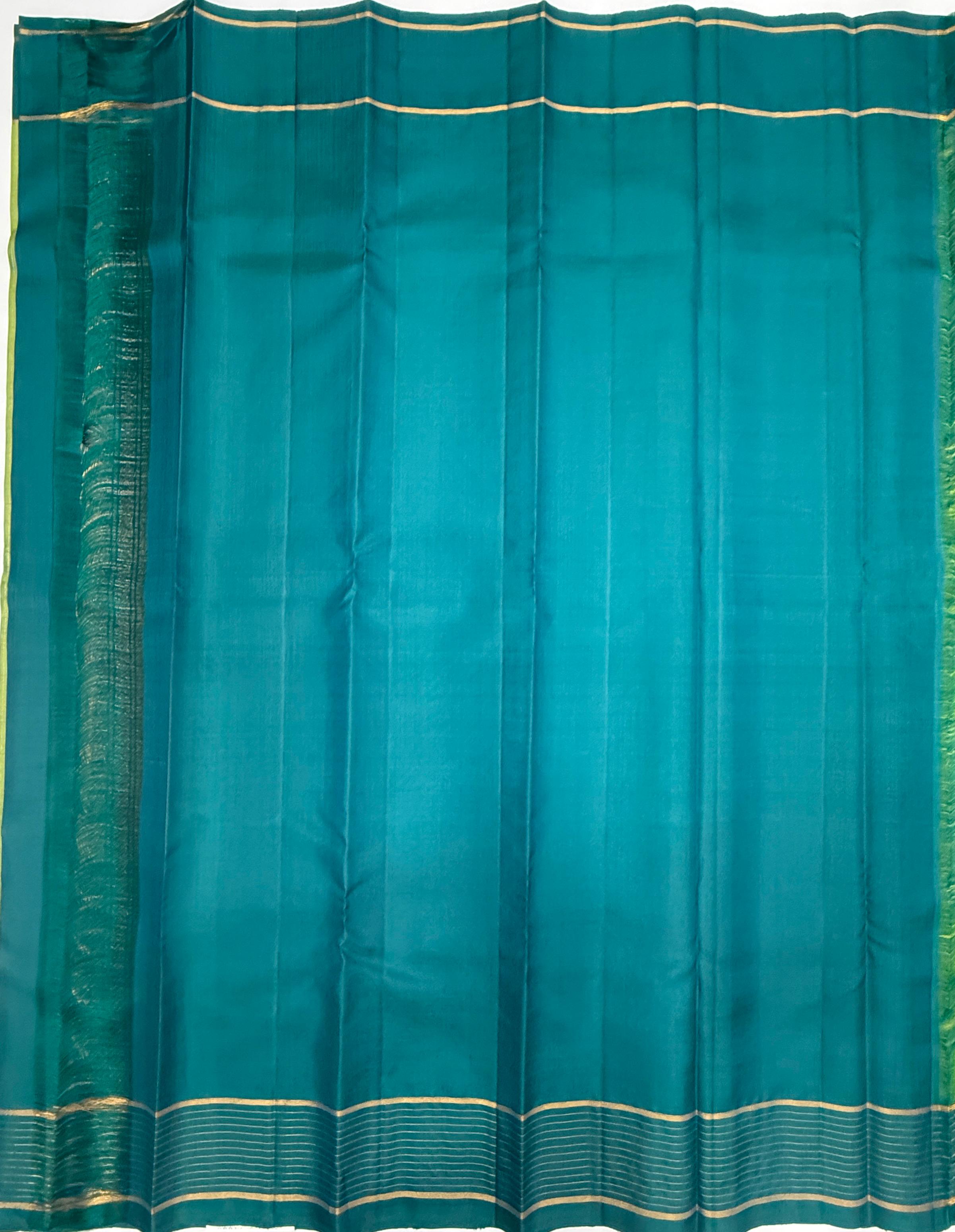 VSF1166 - green color body , peacock blue color pallu,blouse - Pure silk saree