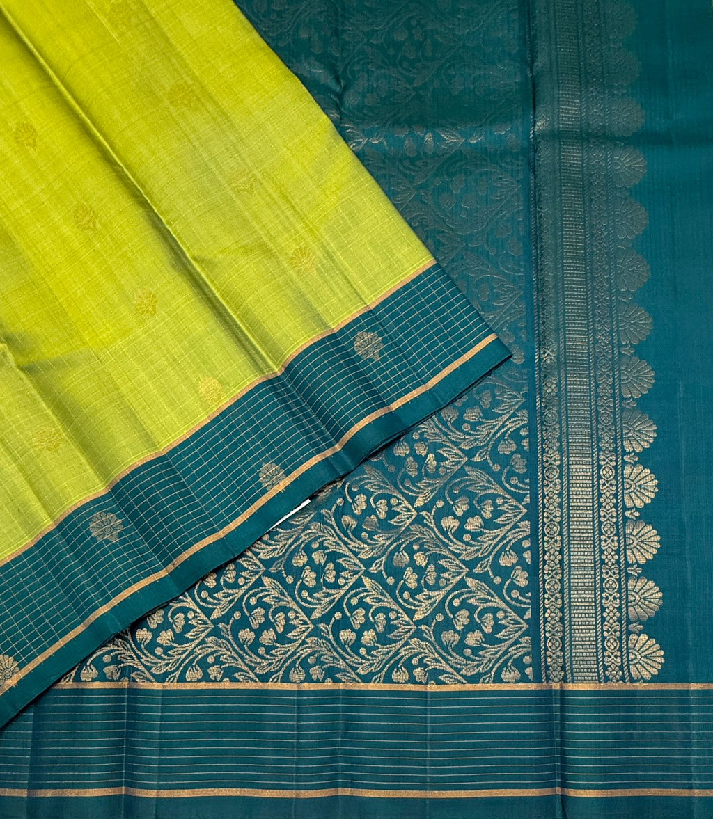 VSF1166 - green color body , peacock blue color pallu,blouse - Pure silk saree