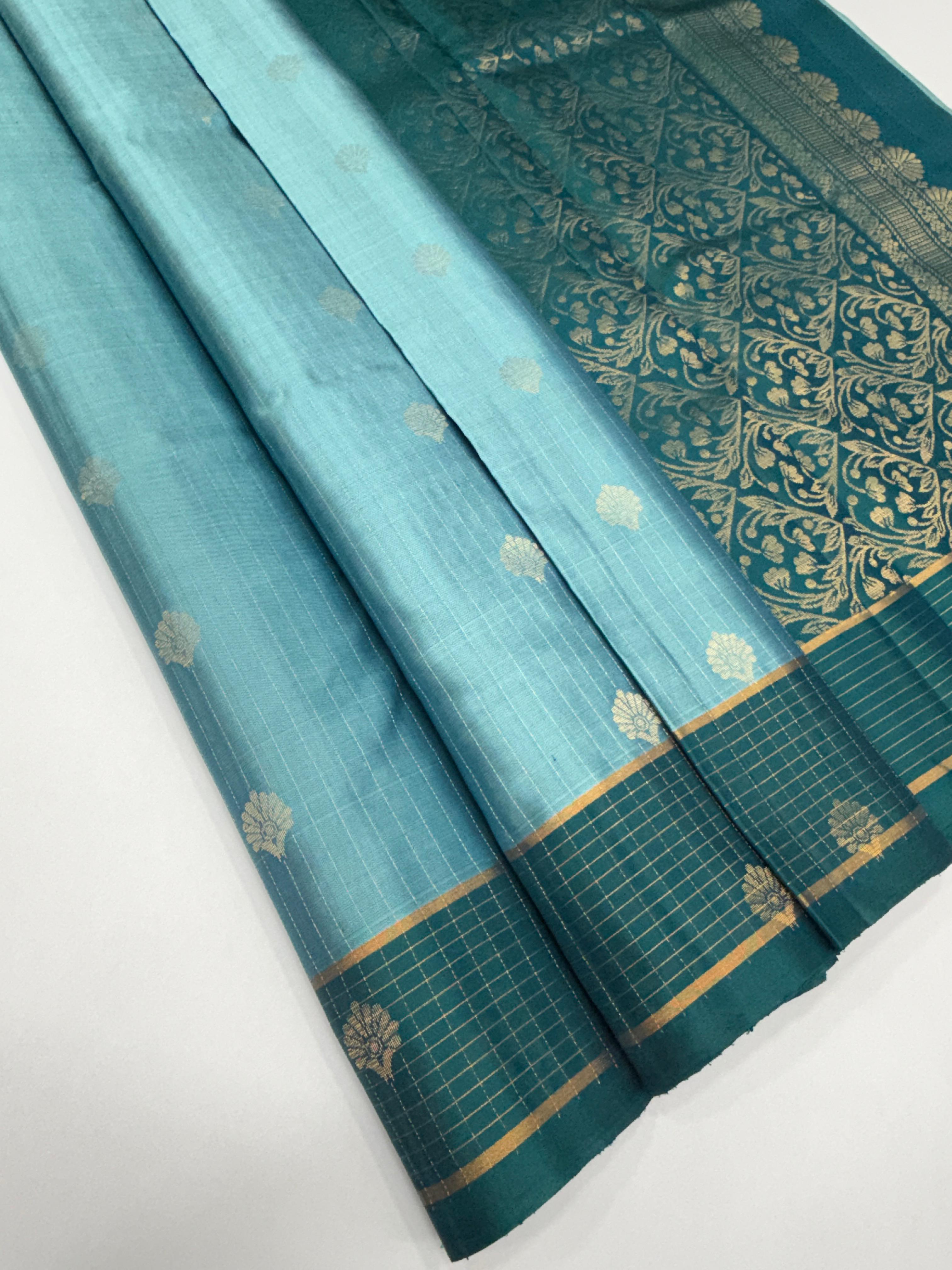 VSF1167 - light blue color body , peacock blue color pallu,blouse - Pure silk saree