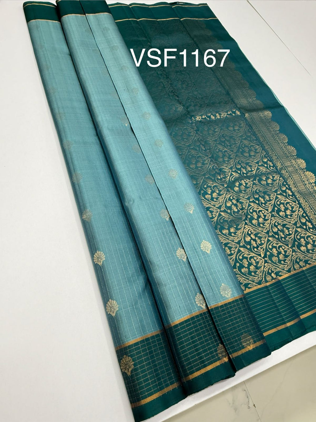 VSF1167 - light blue color body , peacock blue color pallu,blouse - Pure silk saree