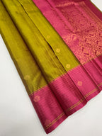 VSF1168 - green with maroon color body , pink color pallu,blouse - Pure silk saree