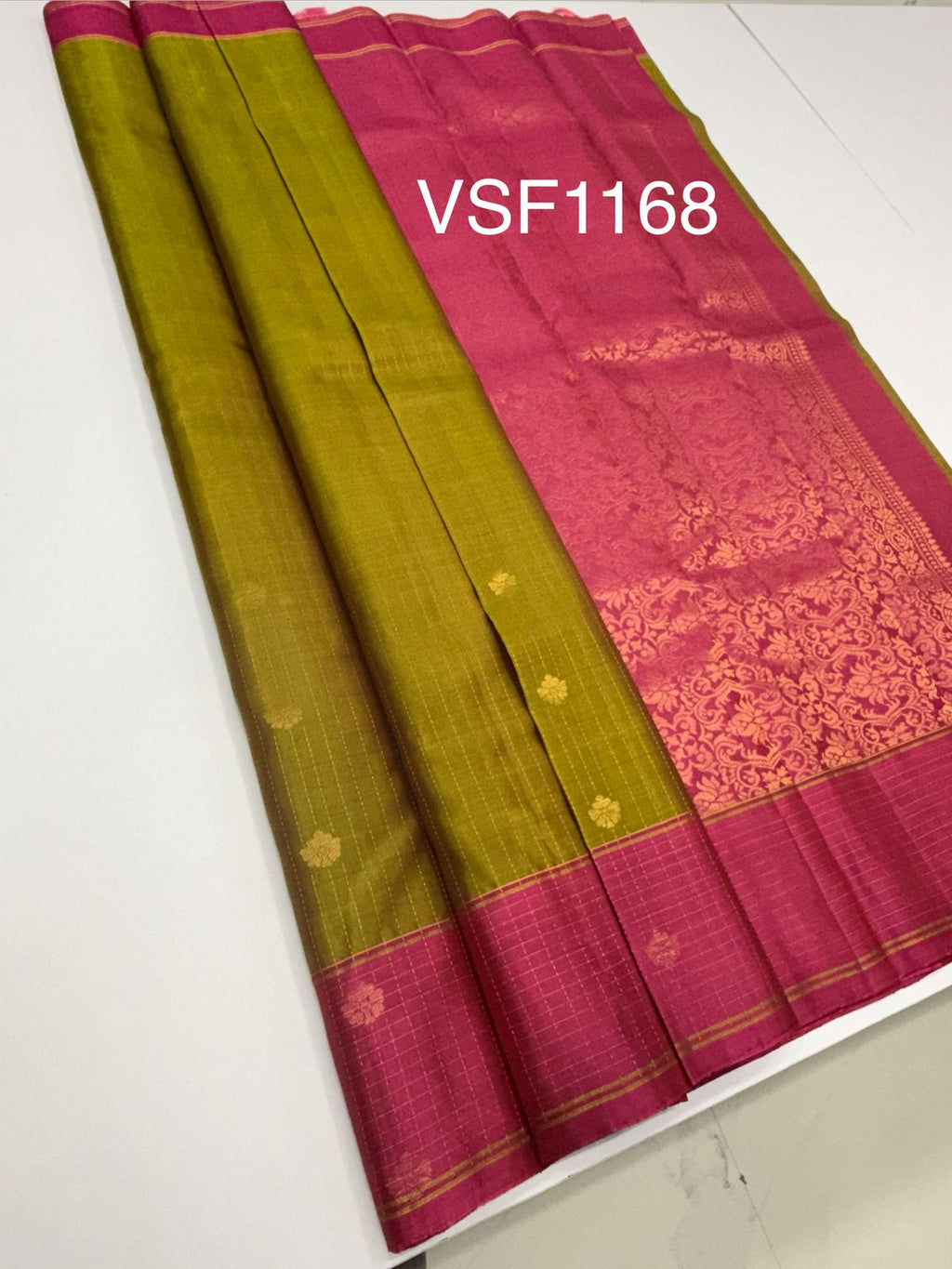 VSF1168 - green with maroon color body , pink color pallu,blouse - Pure silk saree