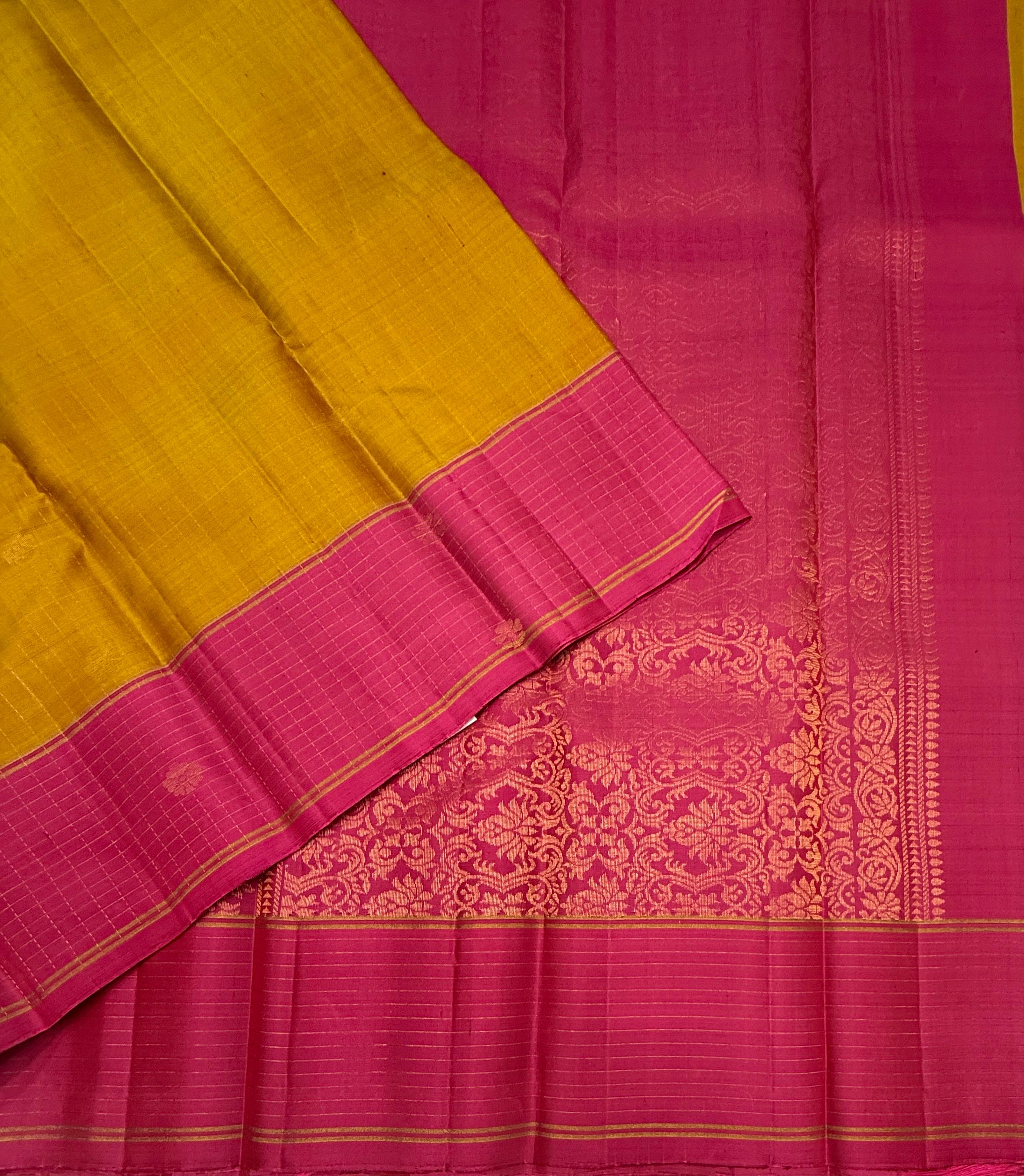 VSF1170 - yellow with maroon color body , dark pink color pallu,blouse - Pure silk saree