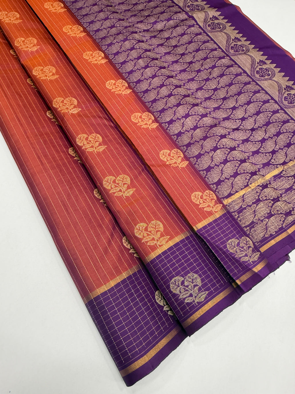 VSF1172 - rust orange color body , violet color pallu,blouse - Pure silk saree