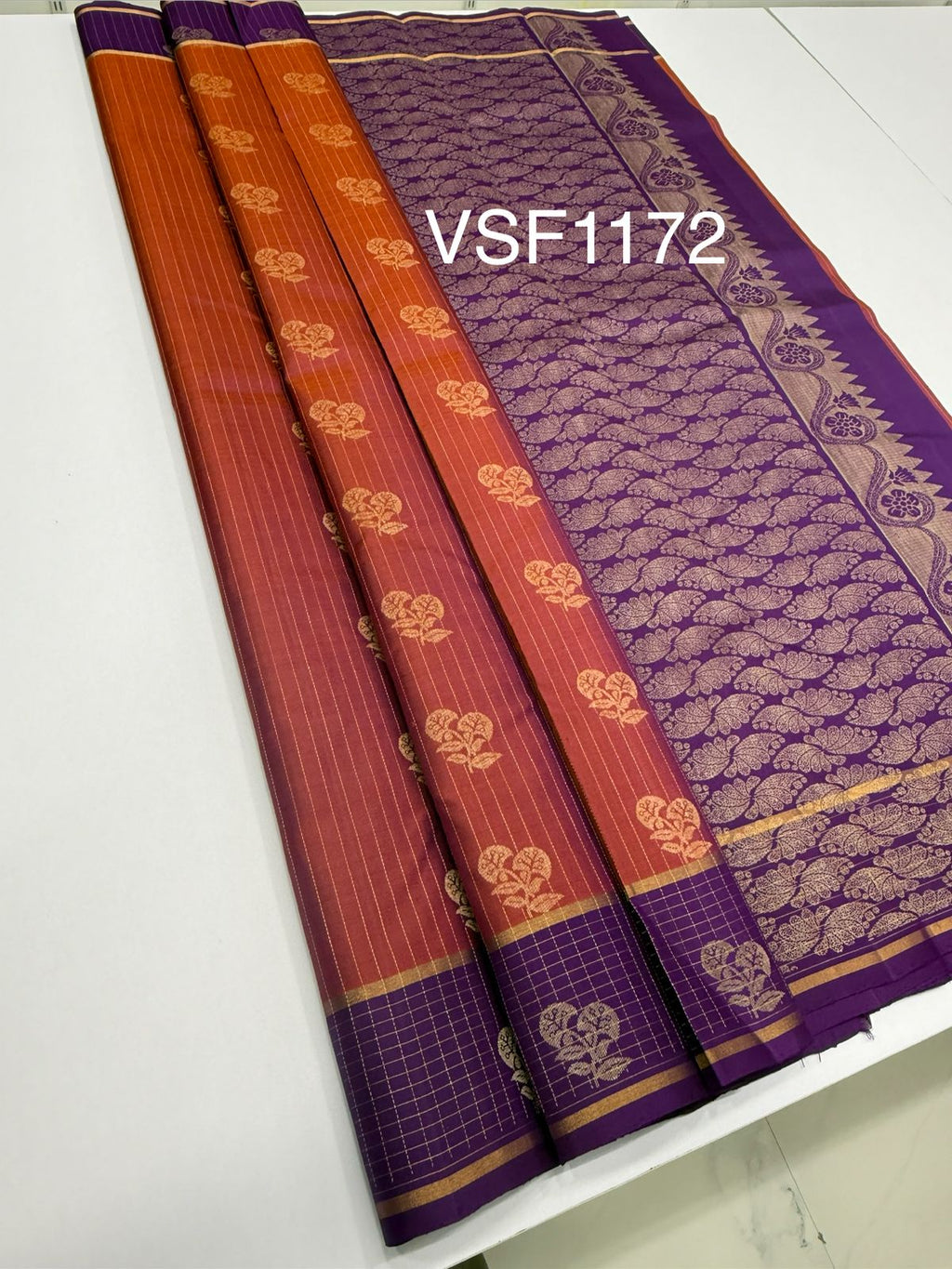 VSF1172 - rust orange color body , violet color pallu,blouse - Pure silk saree