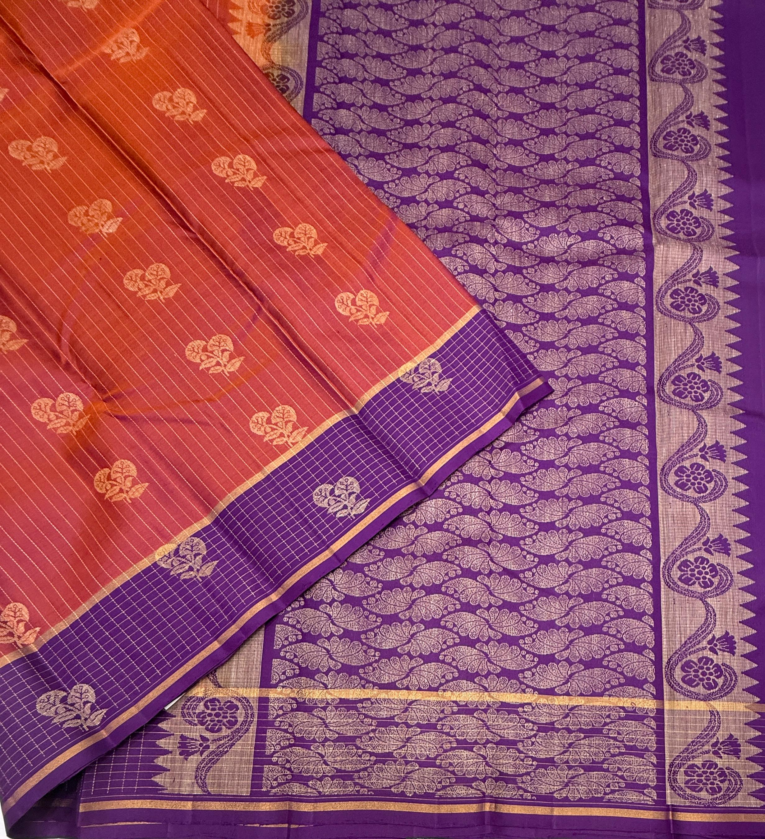 VSF1172 - rust orange color body , violet color pallu,blouse - Pure silk saree