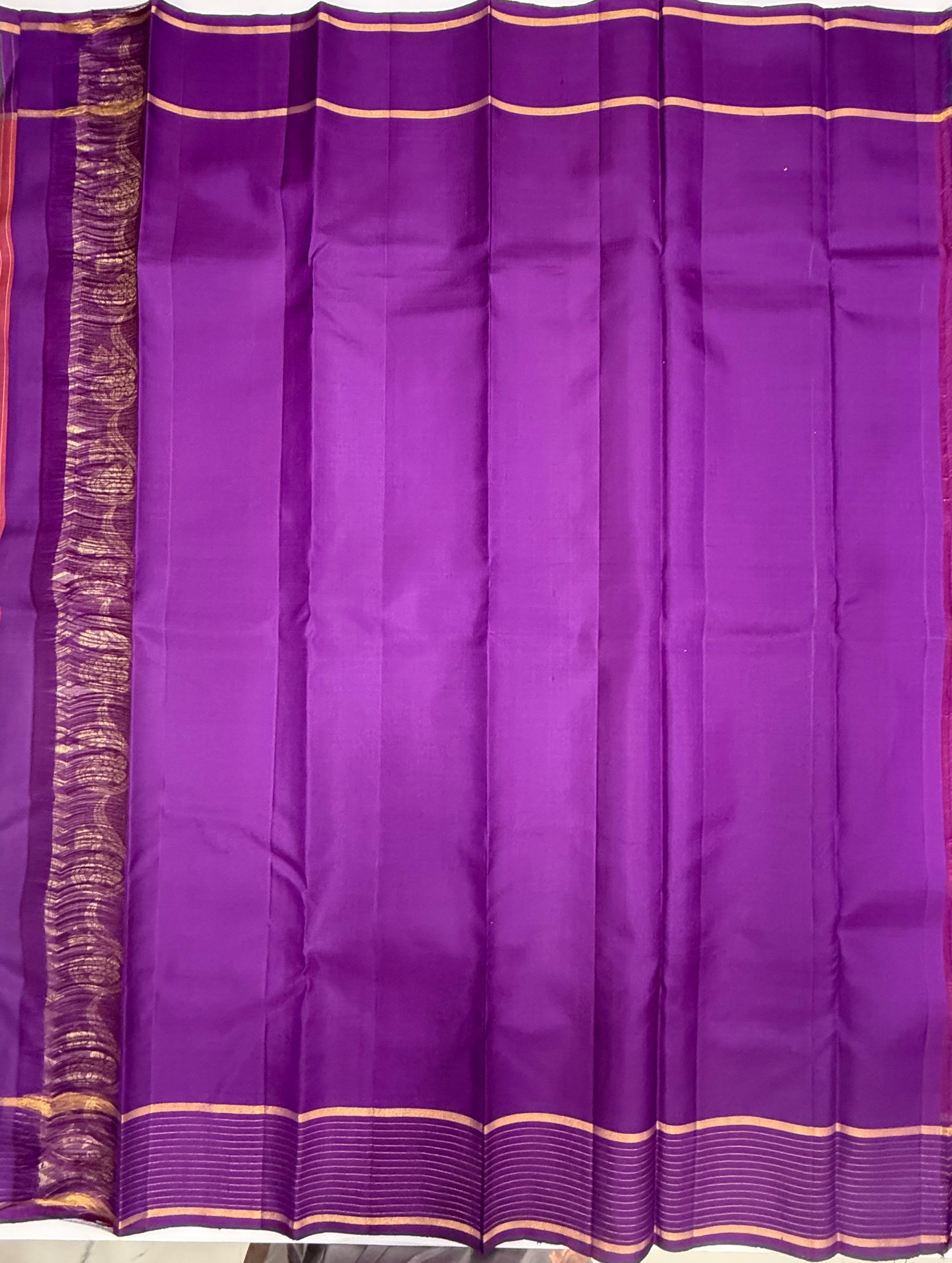 VSF1172 - rust orange color body , violet color pallu,blouse - Pure silk saree