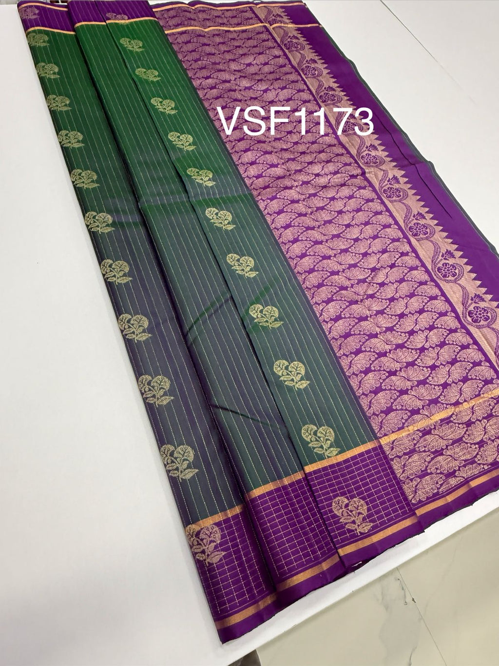 VSF1173 - dark green color body , violet color pallu,blouse - Pure silk saree