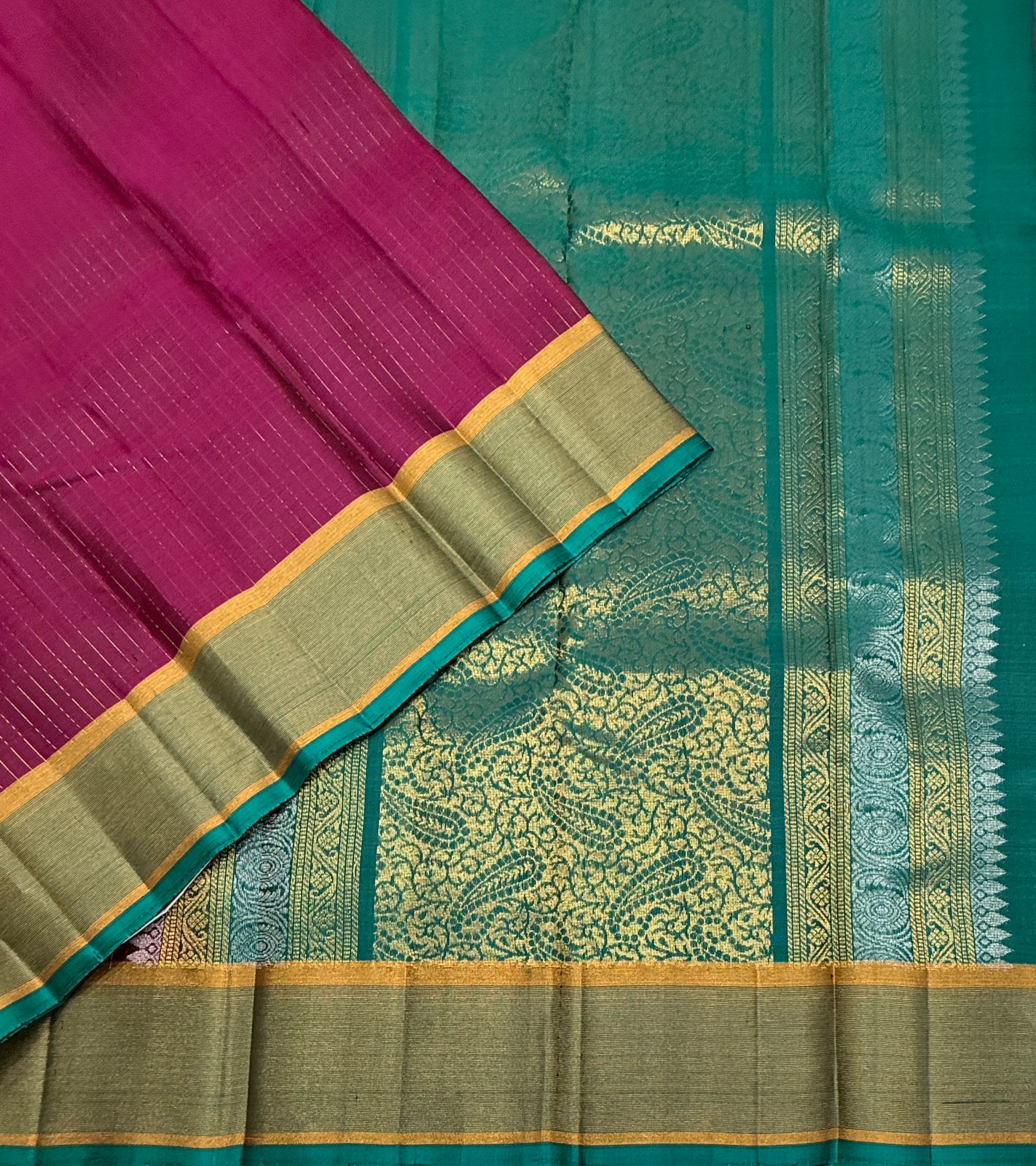 VSF1178 - purple color body , peacock green color pallu,blouse - Pure silk saree