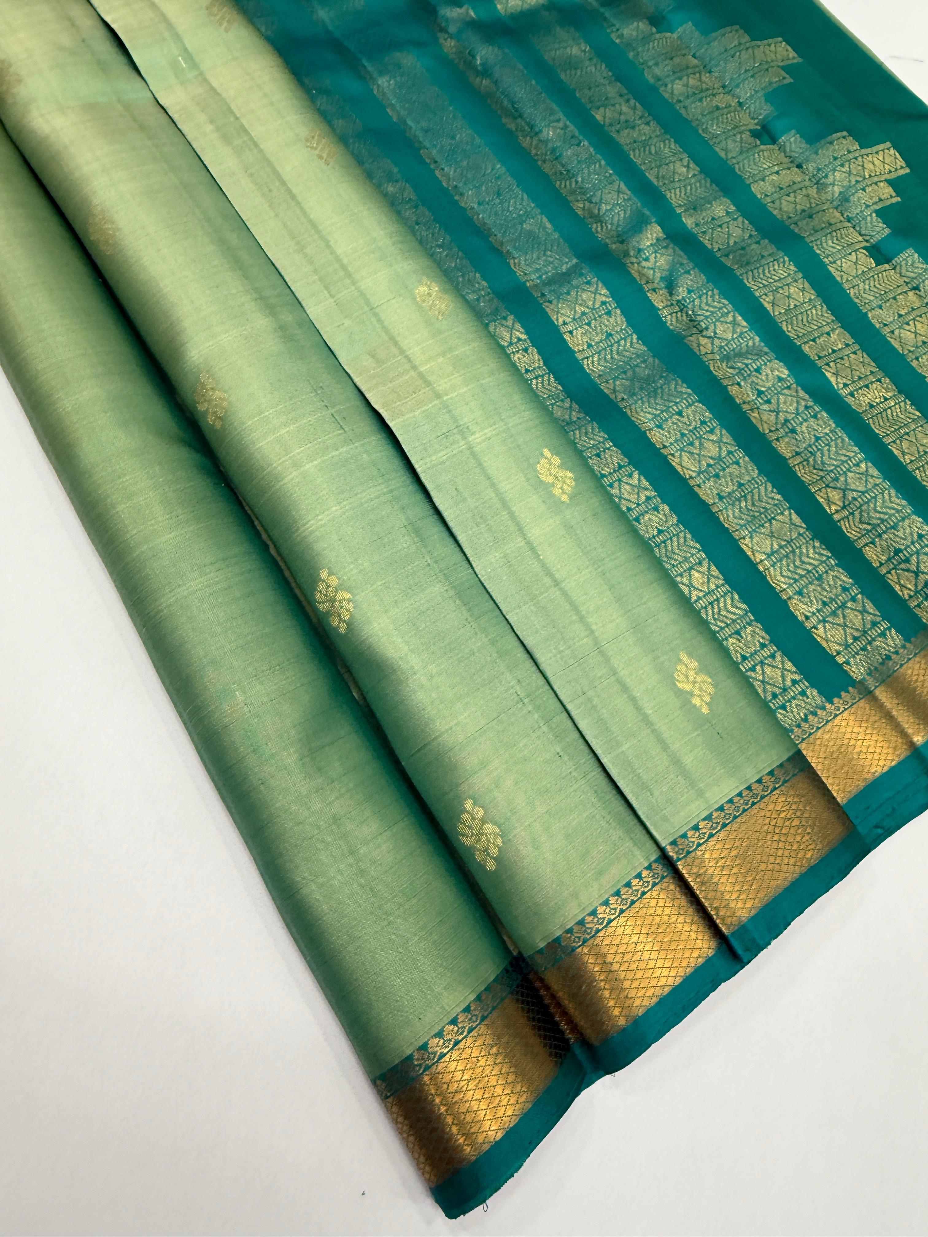 VSF1179 - pastel blue color body , peacock green color pallu,blouse - Pure silk saree