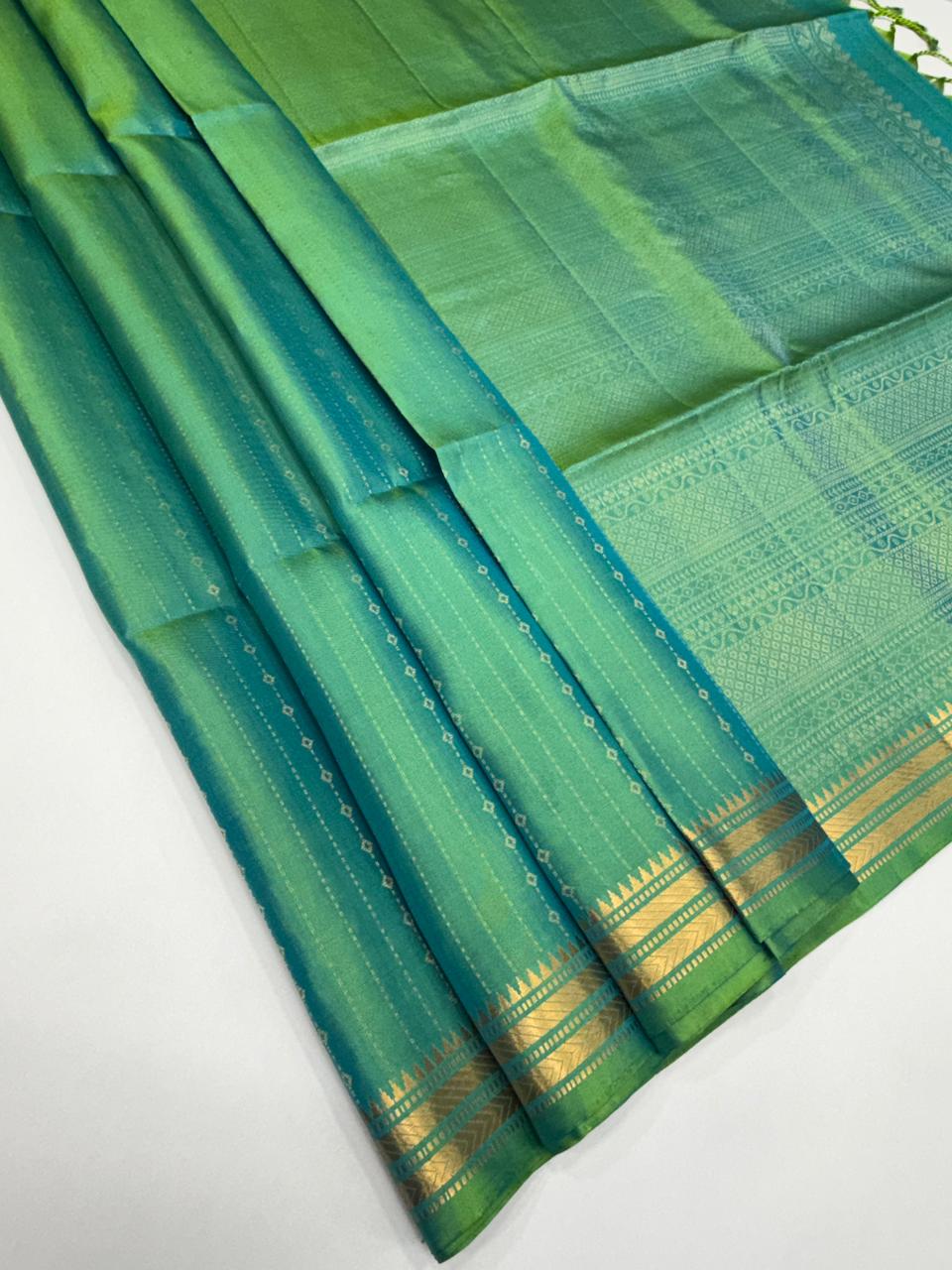 VSF1192 - bluish green color body , pallu,blouse - Pure silk saree