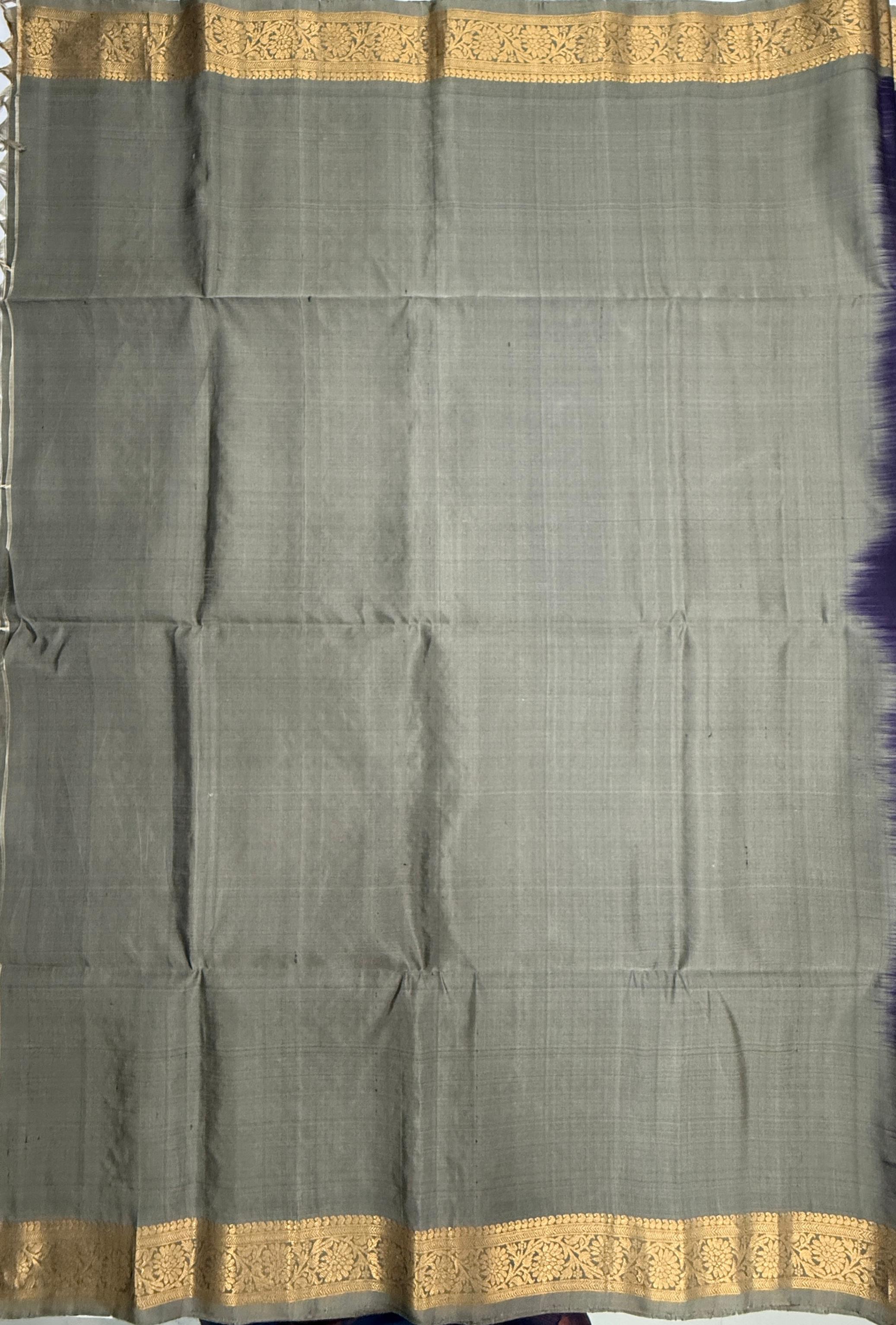 VSF1197 - dark purple color body , grey color pallu,blouse - Pure silk saree